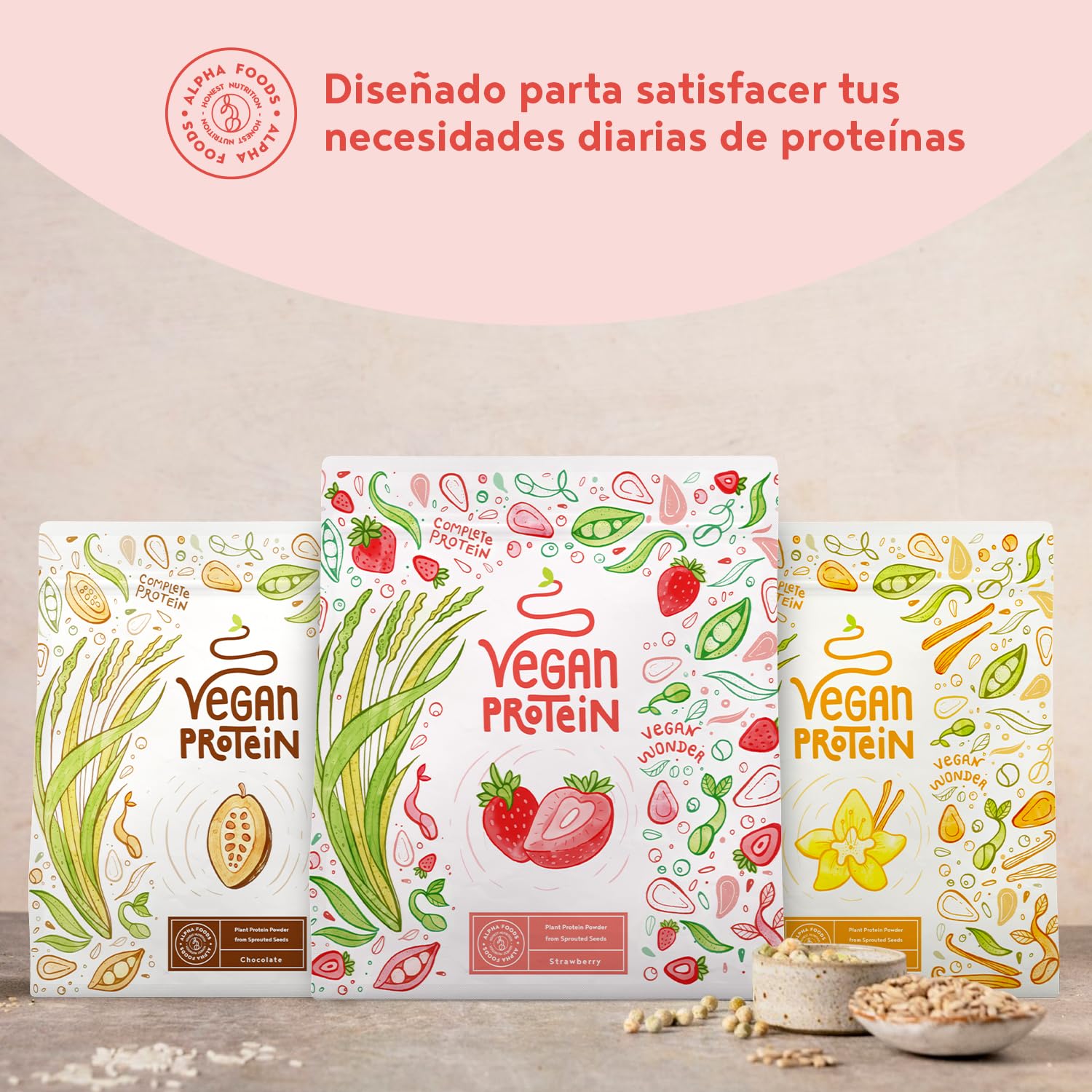 Proteína Vegana en Polvo | Sabor Fresa | 100% Proteina Vegana | 18g dosis Vegan Protein Powder de Guisante, Arroz y Girasol | Proteína Aislada para Masa Muscular | 600g | Alpha Foods
