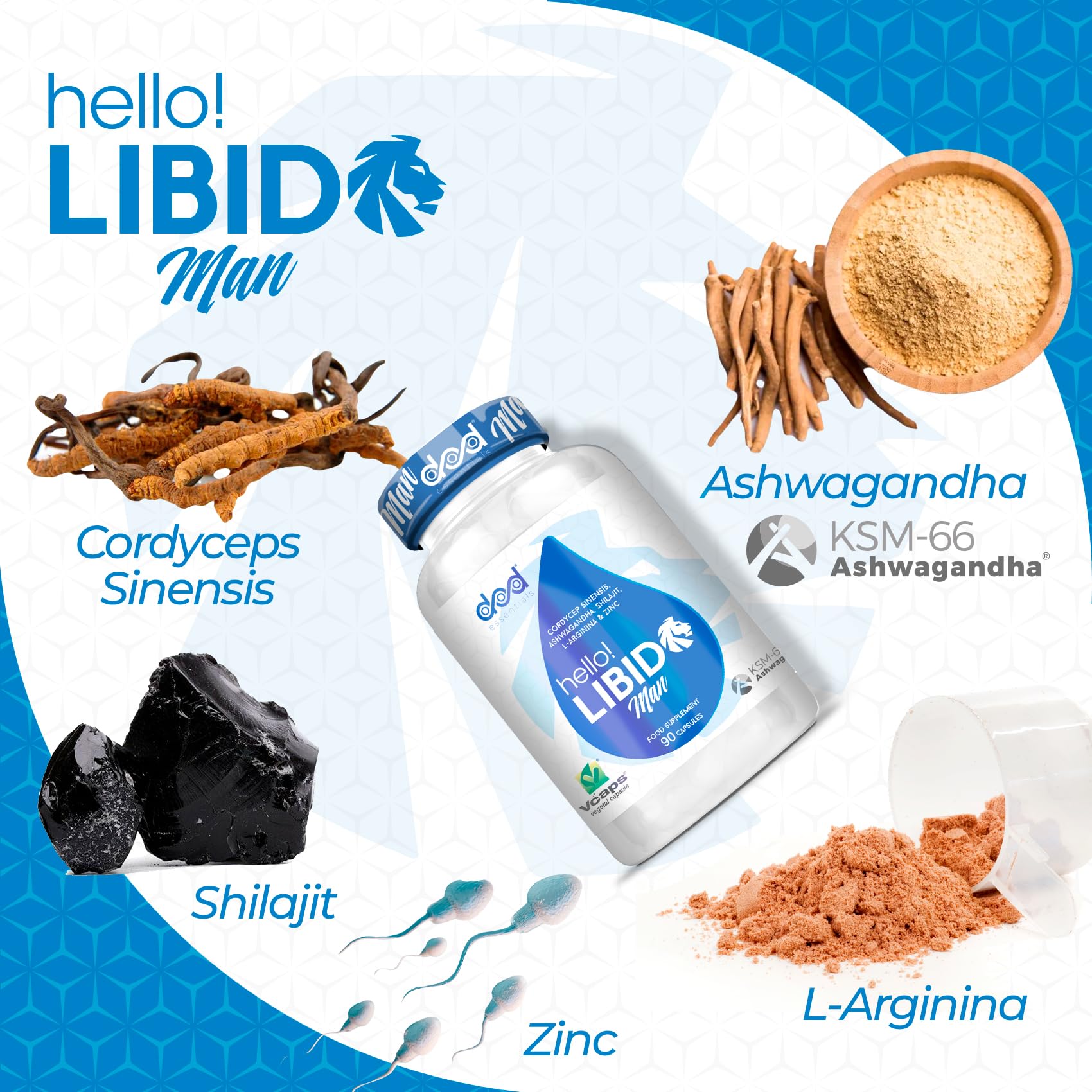 Suplemento con Ashwagandha KSM-66 para Hombres, Shilajit, Zinc, L-Arginina, y Cordyceps Sinensis – Vitalidad, Energía y Bienestar Masculino - Dod Essentials