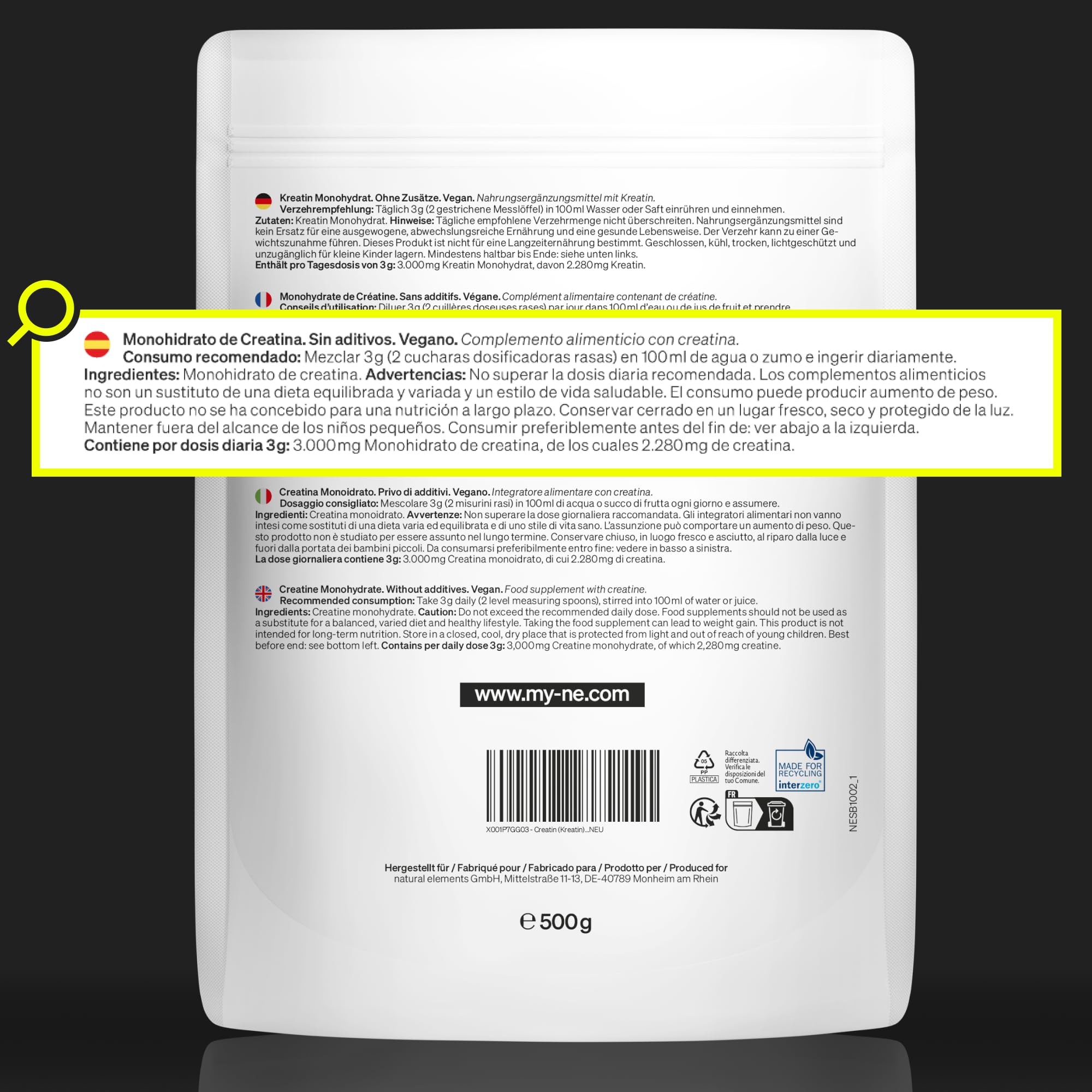 Creatina monohidratada en polvo 500g - 167 porciones para 5 meses - Polvo Micronizado, ultrafino - Suplemento Deportivo Potenciador para Hombre y Mujer - Probado en laboratorio, vegano y sin aditivos