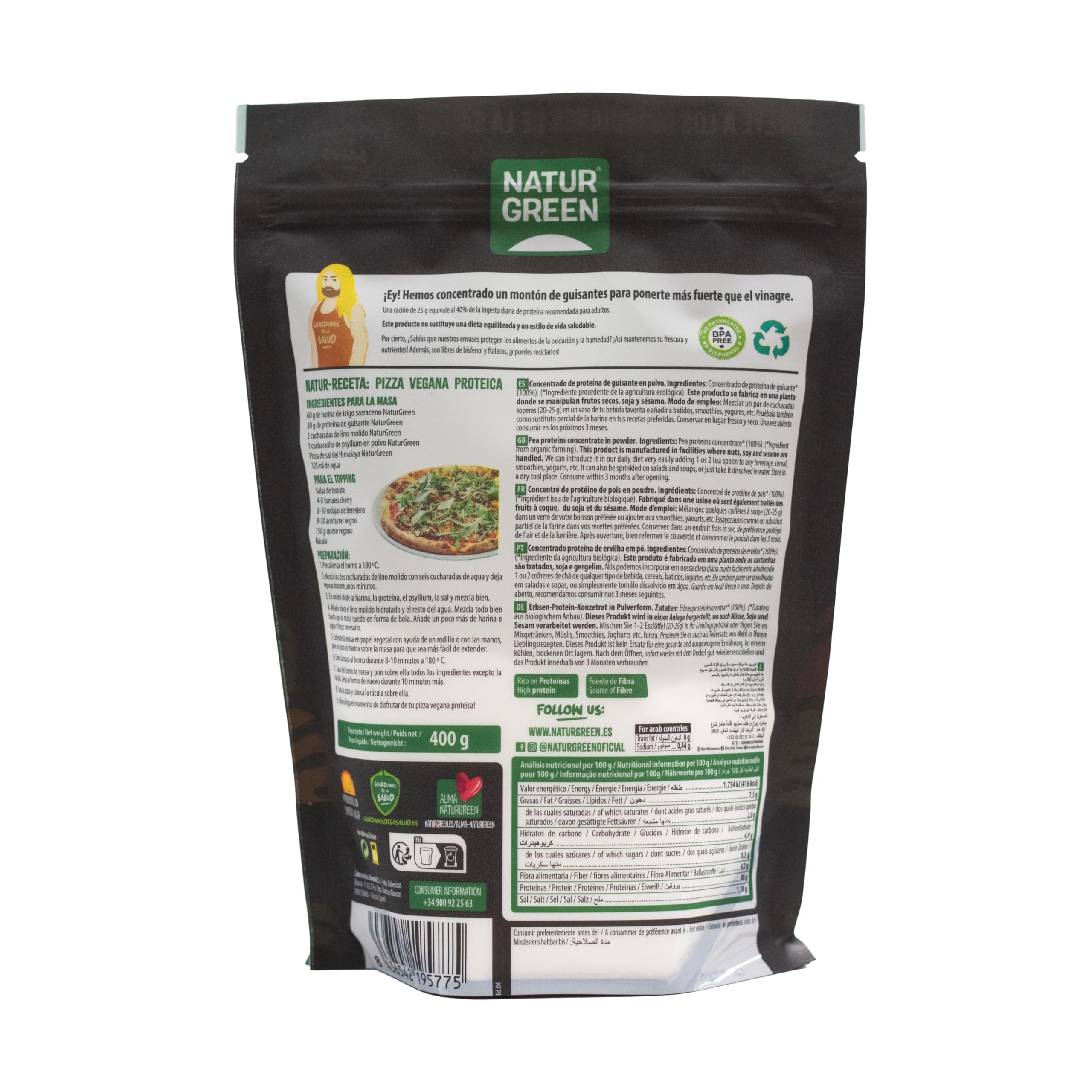 NaturGreen - Proteína de Guisante BIO, Concentrado de Proteína Ecológica, Superalimento, Polvo de Proteínas y Aminoácidos, 100% Vegano - 500 g
