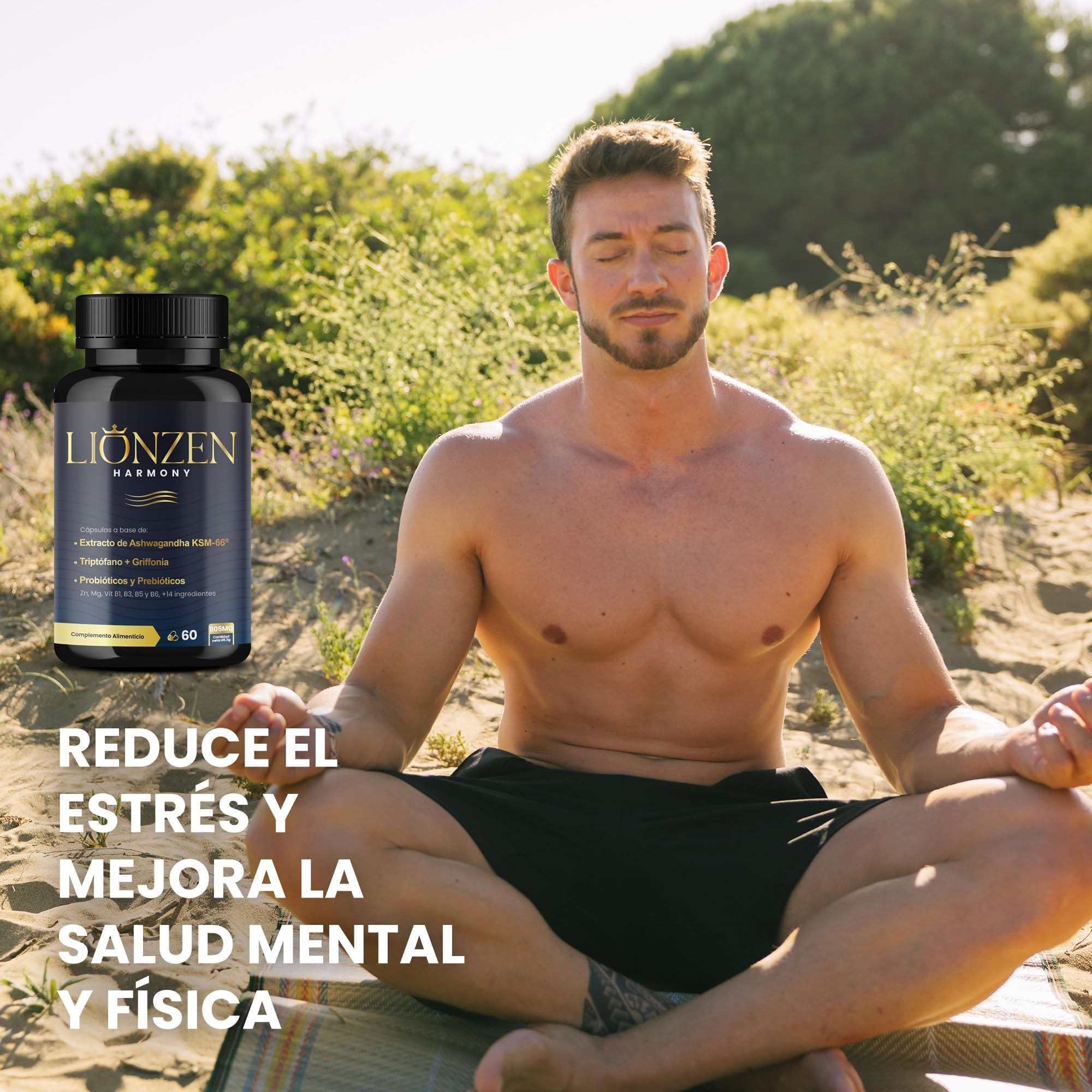 Ashwagandha KSM-66® 600mg | +14 ingredientes antiestrés, Cortisol | Bienestar, Descanso | Alta potencia | Magnesio, Griffonia, L-Triptófano, Vitaminas, Zinc, Té verde, Probióticos | LIONZEN HARMONY