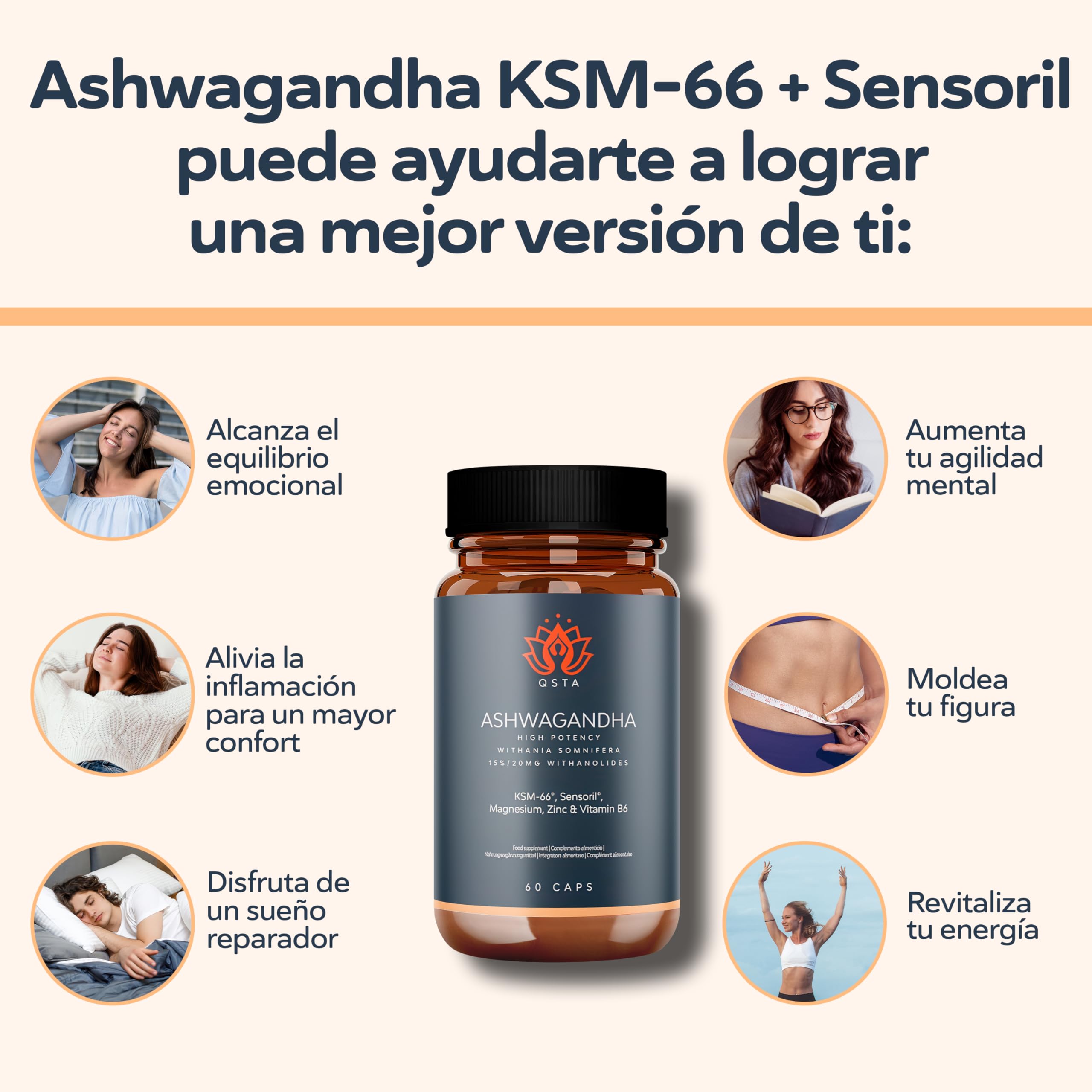 Ashwagandha KSM-66 con Sensoril (15-20% Withanolidos) - Alta Potencia Adaptógeno y Nootropico, Sueño Profundo, Bienestar, Energía, Concentración y Reducción de Cortisol, 2 Meses