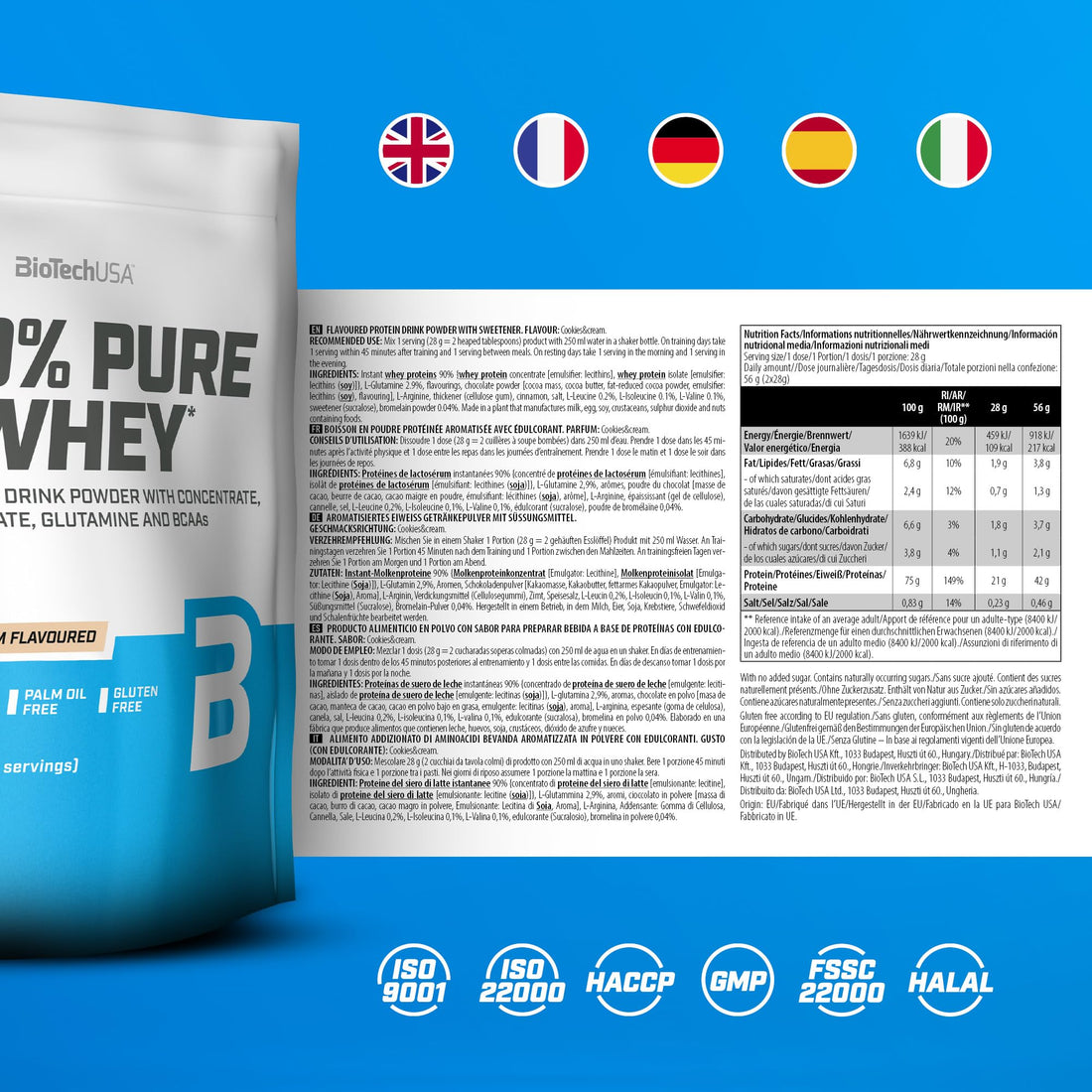 BioTechUSA 100% Pure Whey | Proteína en Polvo con BCAA y Glutamina | Sin Gluten, Sin Aceite de Palma, 454 g, Cookies & Cream