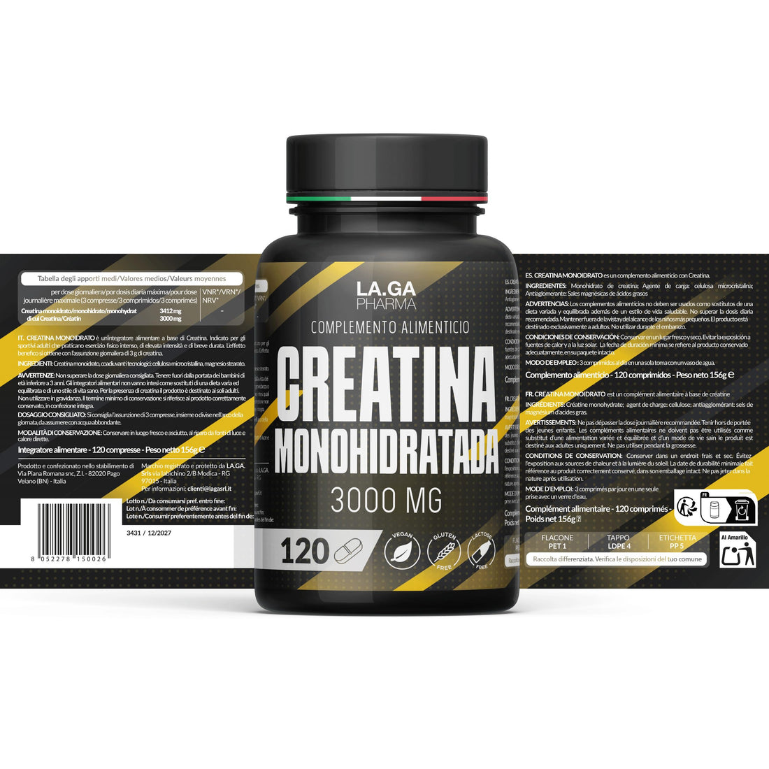 Creatina Monohidratada 120 Comprimidos con 3000mg de Creatina Pura. Creatina para Aumentar la Masa Muscular, Fuerza y Resistencia Física. Mejora el rendimiento físico. Creatina 100% vegana y Sin OGM