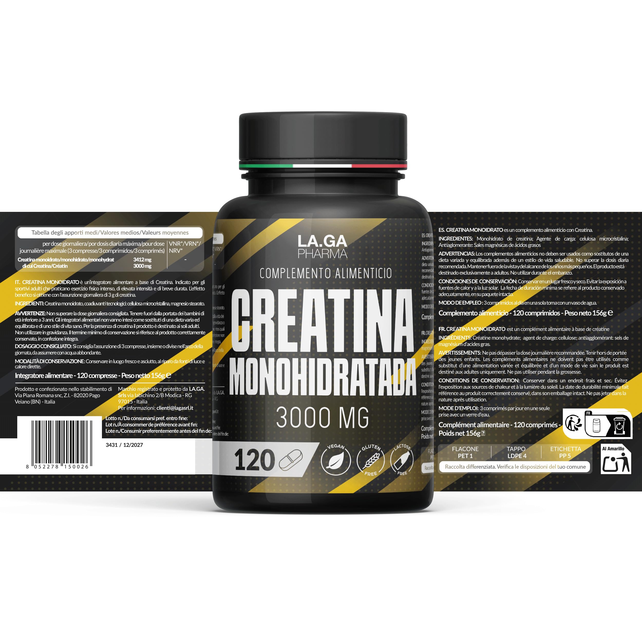Creatina Monohidratada 120 Comprimidos con 3000mg de Creatina Pura. Creatina para Aumentar la Masa Muscular, Fuerza y Resistencia Física. Mejora el rendimiento físico. Creatina 100% vegana y Sin OGM