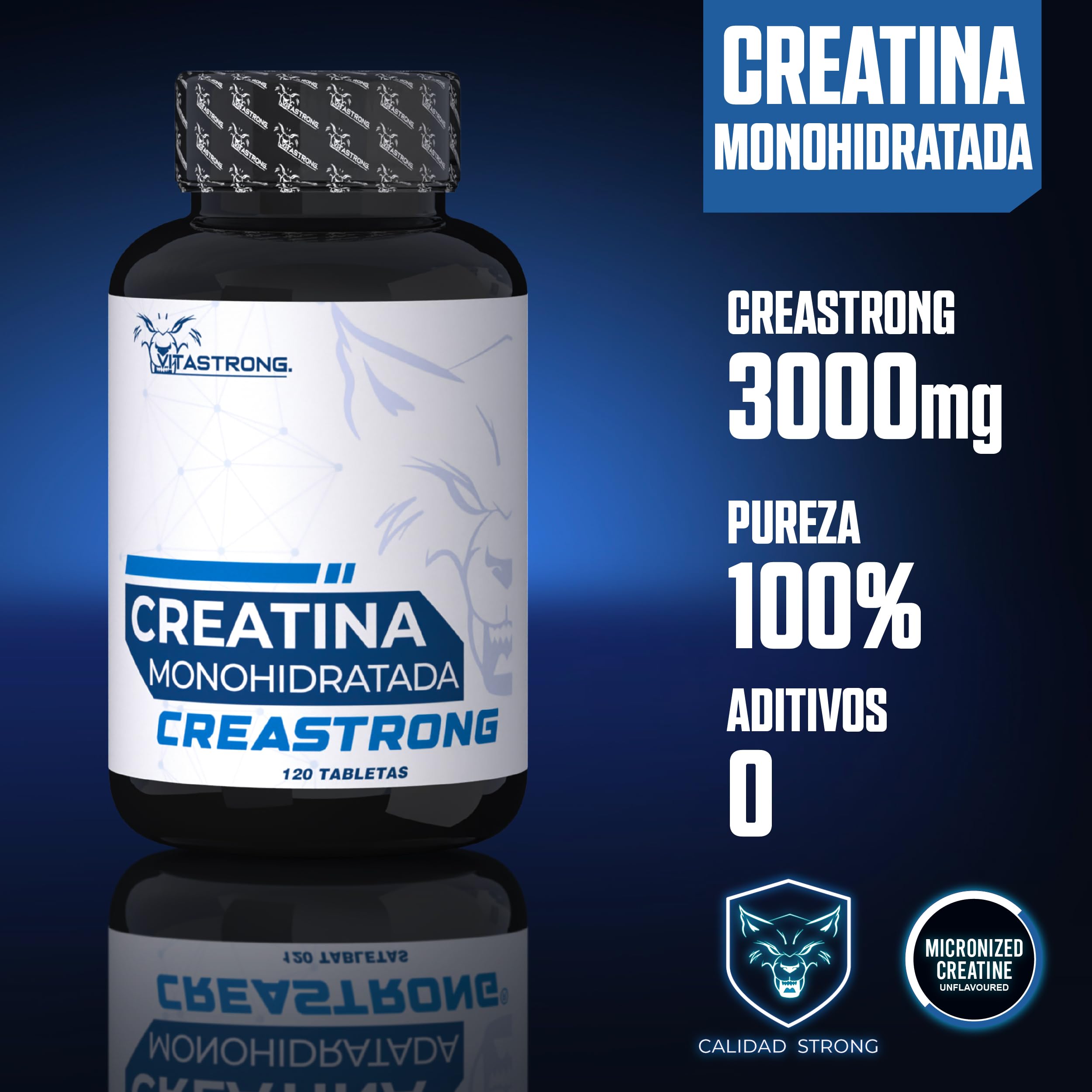 Creatina Monohidratada 3000mg CreaStrong Vegan, Creatina Monohidrato Comprimidos Vitastrong Alta Potencia, Suplementos Deportivos Pre y Post Workout, Monohidrato de Creatina para Fuerza y Resistencia