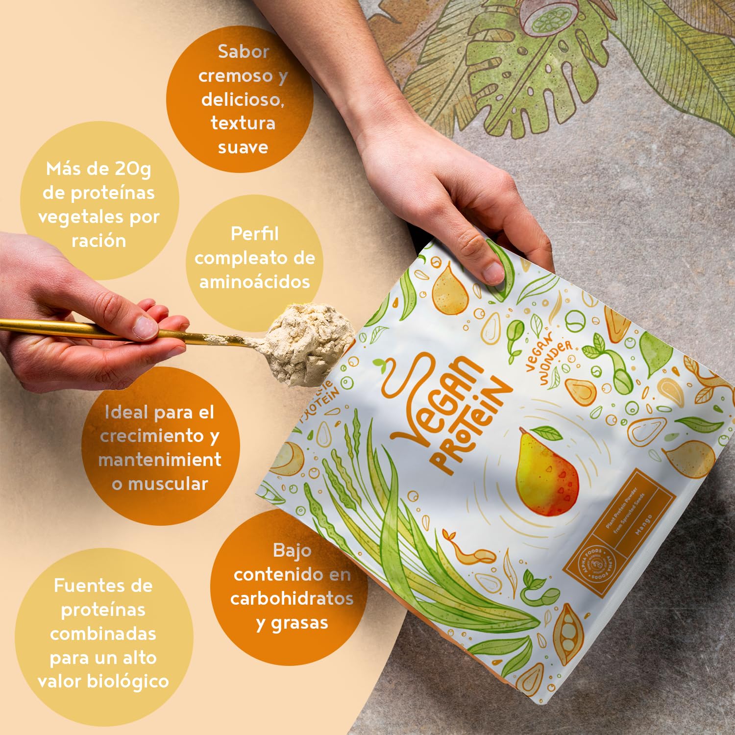 Proteína Vegana en Polvo | Sabor Mango | 100% Proteina Vegana | 21g dosis Vegan Protein Powder de Guisante y Arroz | Proteína Aislada para Masa Muscular | 600g | Alpha Foods