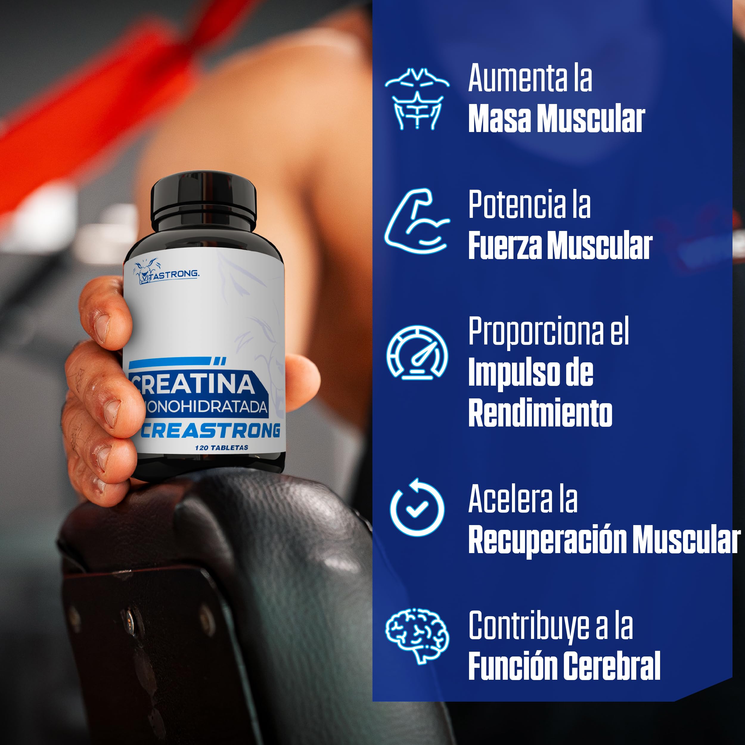 Creatina Monohidratada 3000mg CreaStrong Vegan, Creatina Monohidrato Comprimidos Vitastrong Alta Potencia, Suplementos Deportivos Pre y Post Workout, Monohidrato de Creatina para Fuerza y Resistencia