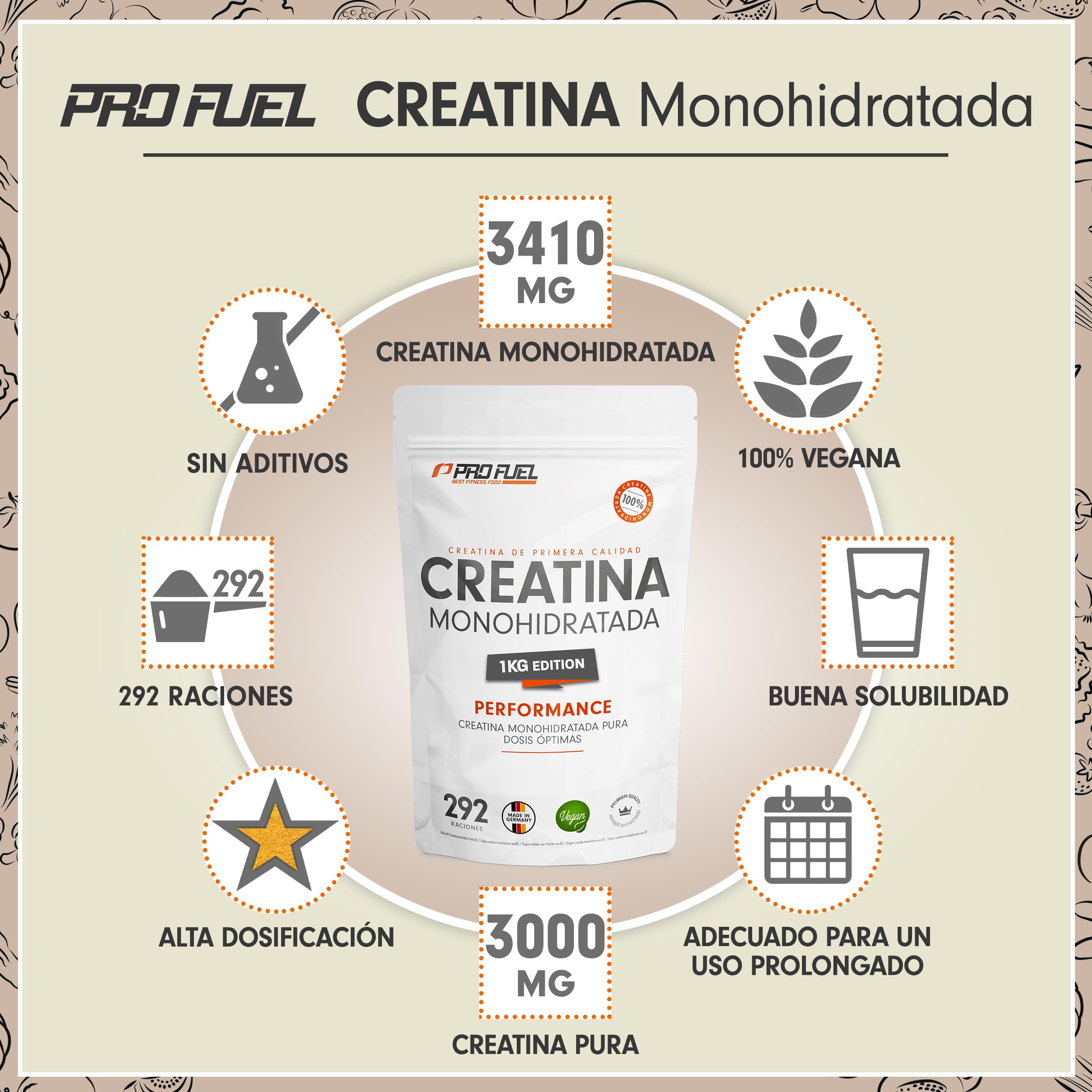 Creatina monohidratada en polvo 1kg / 1000g - calidad micronizada - óptimamente dosificada - creatina pura sin aditivos - 100% vegana - para 292 dias
