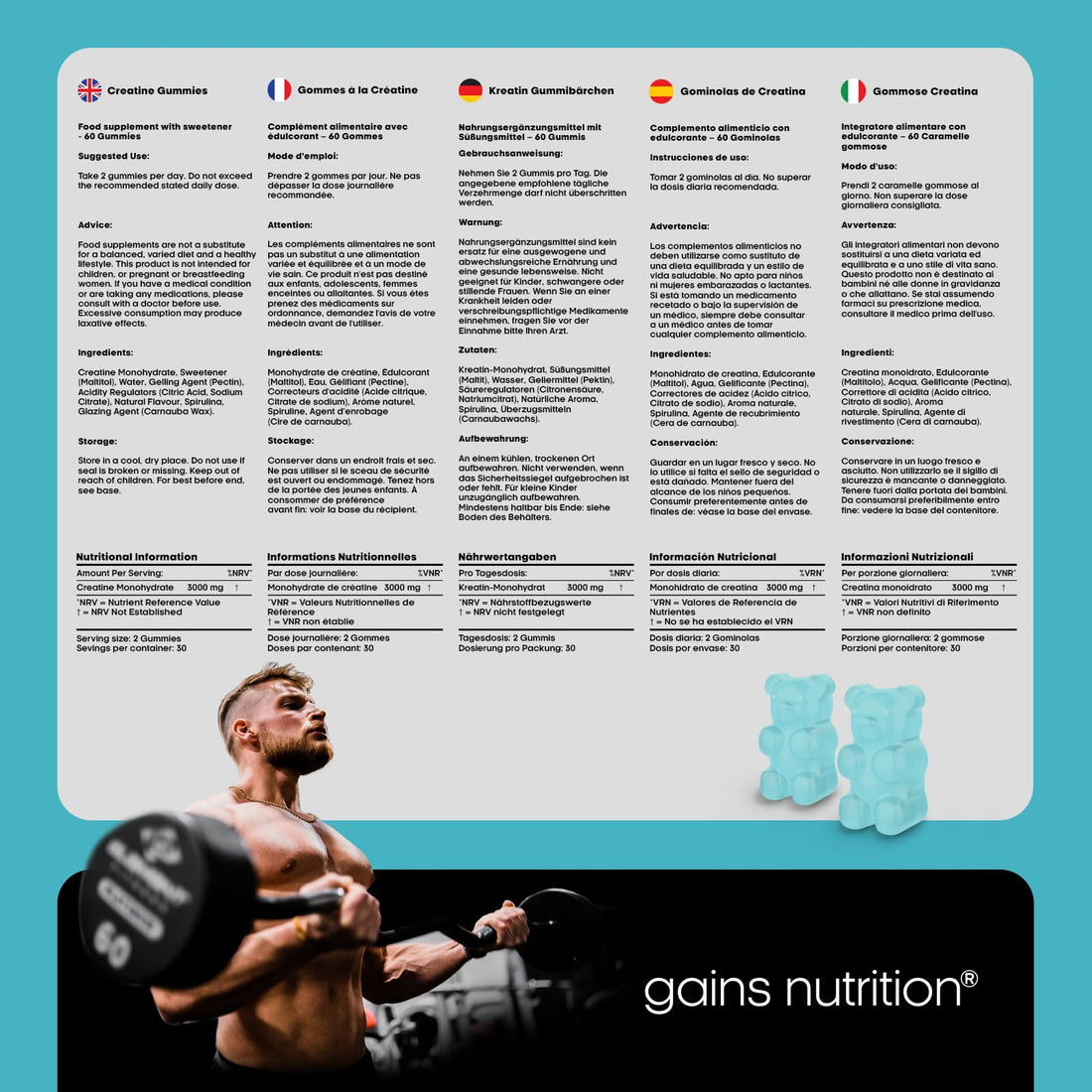 GN Creatina Gominolas | 60 Gomitas de Creatina Masticables para Hombres y Mujeres - 3000mg de Monohidrato de Creatine por Porción | Sabor a Bayas, Sin OGM | Vegano y Vegetariano