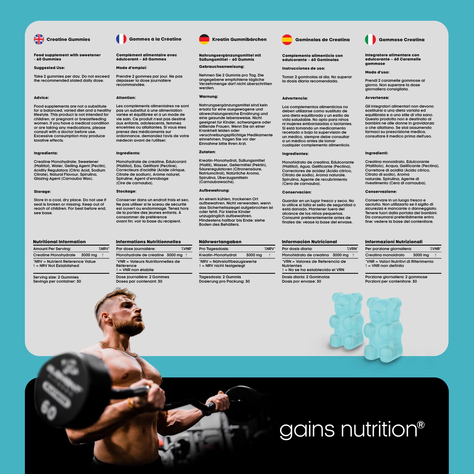 GN Creatina Gominolas | 60 Gomitas de Creatina Masticables para Hombres y Mujeres - 3000mg de Monohidrato de Creatine por Porción | Sabor a Bayas, Sin OGM | Vegano y Vegetariano