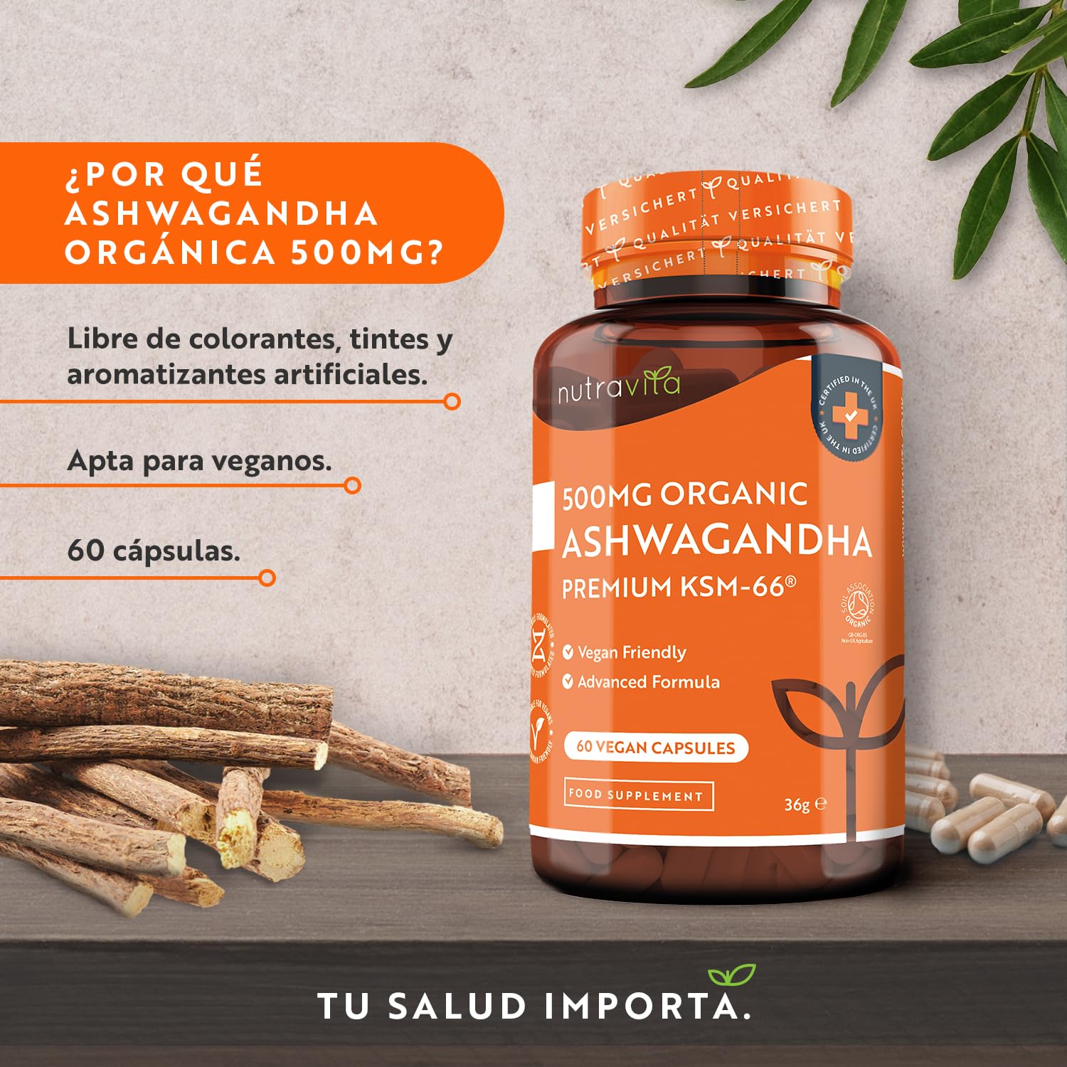 Ashwagandha Orgánica 500 mg - KSM-66® Sin Excipiente. 100% Cápsula Vegana - Suplemento adaptógeno Ayurveda Ginseng Indio (Withania Somnifera) Antiflamatorio natural - Nutravita