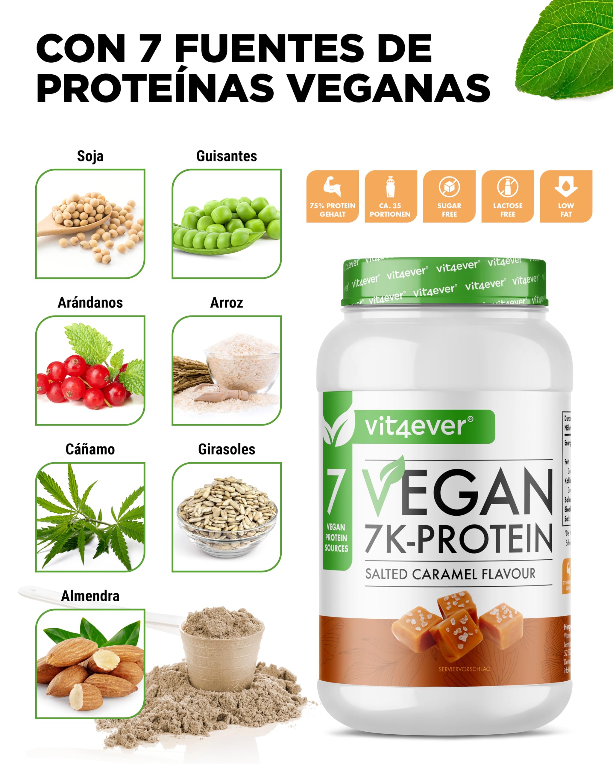 Vegan 7K Protein - 1kg - Caramelo salado - Proteína vegetal pura en polvo con proteínas de arroz, almendra, soja, guisante, cáñamo, arándano y girasol.