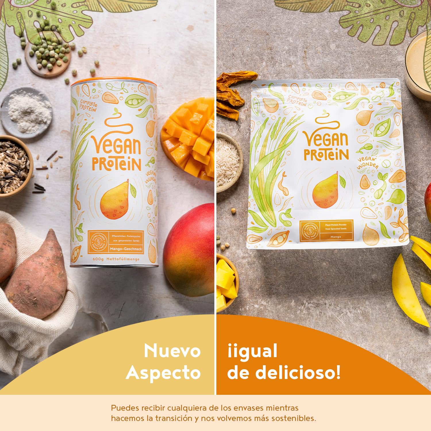 Proteína Vegana en Polvo | Sabor Mango | 100% Proteina Vegana | 21g dosis Vegan Protein Powder de Guisante y Arroz | Proteína Aislada para Masa Muscular | 600g | Alpha Foods