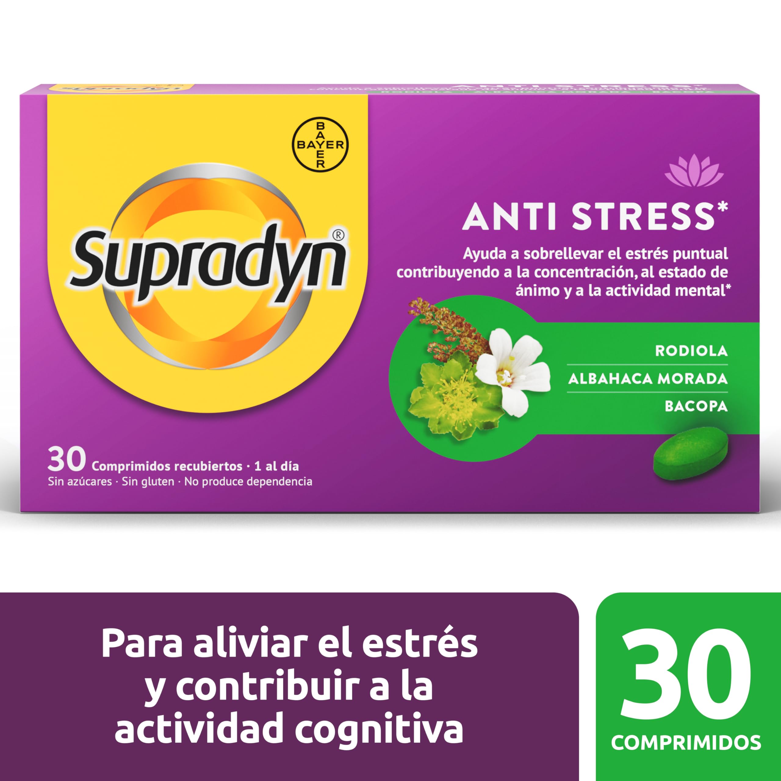 Supradyn Anti Stress con Rhodiola, Albahaca Morada, Bacopa - Soporte de origen Natural contra el Estrés, ayuda a la Concentración, 30 Comprimidos