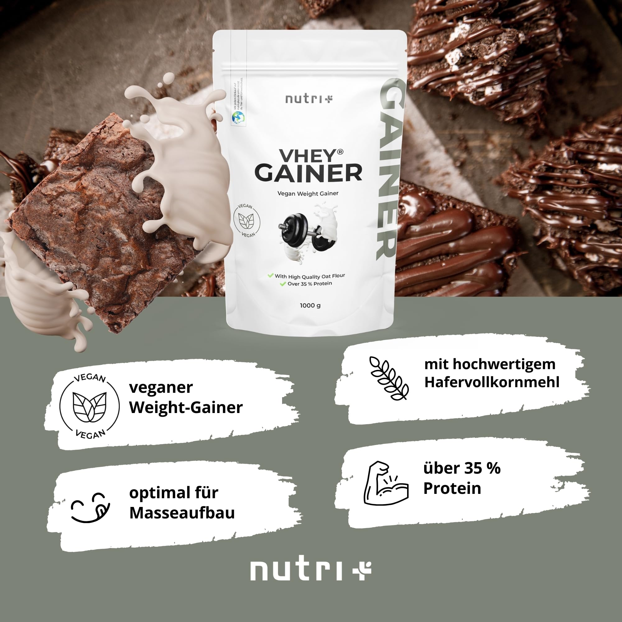 Nutri+ Ganador de Peso Vegano 1 kg Brownie de Chocolate - Vhey Gainer Mass sin Azúcar, Creatina y Maltodextrina - Sin Lactosa + Alto en Calorías 1000 g