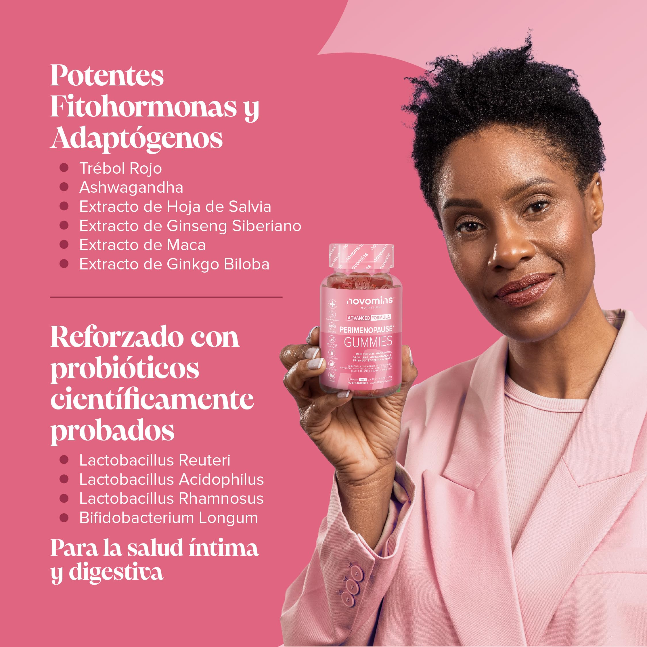 Perimenopausia Suplemento - 60 Gominolas - con Maca, Trébol Rojo, Salvia, Probioticos, Ashwagandha - para la Perimenopausia y Menopausia - Sin Azúcar - Equilibrio Hormonal para la Mujer - Novomins