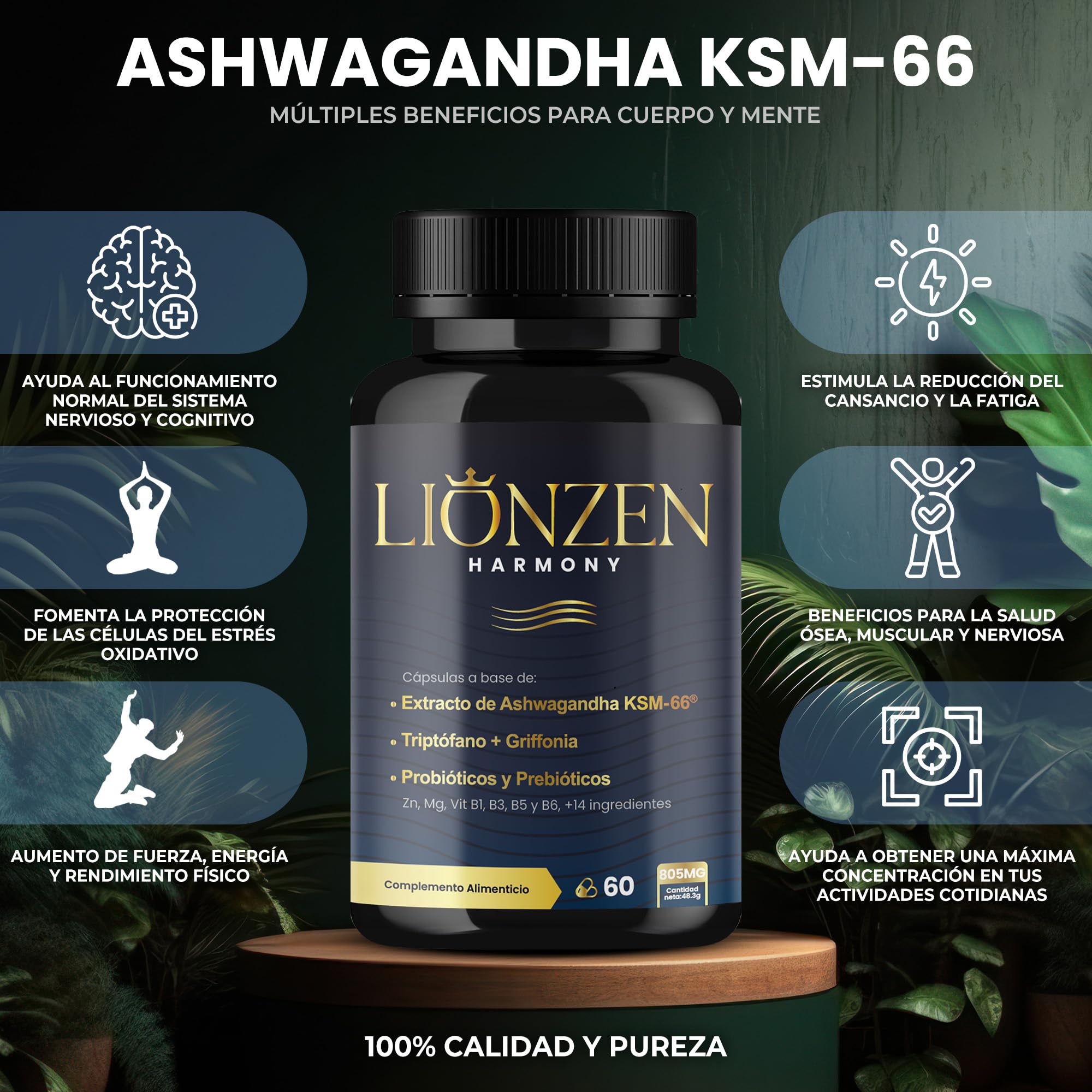 Ashwagandha KSM-66® 600mg | +14 ingredientes antiestrés, Cortisol | Bienestar, Descanso | Alta potencia | Magnesio, Griffonia, L-Triptófano, Vitaminas, Zinc, Té verde, Probióticos | LIONZEN HARMONY