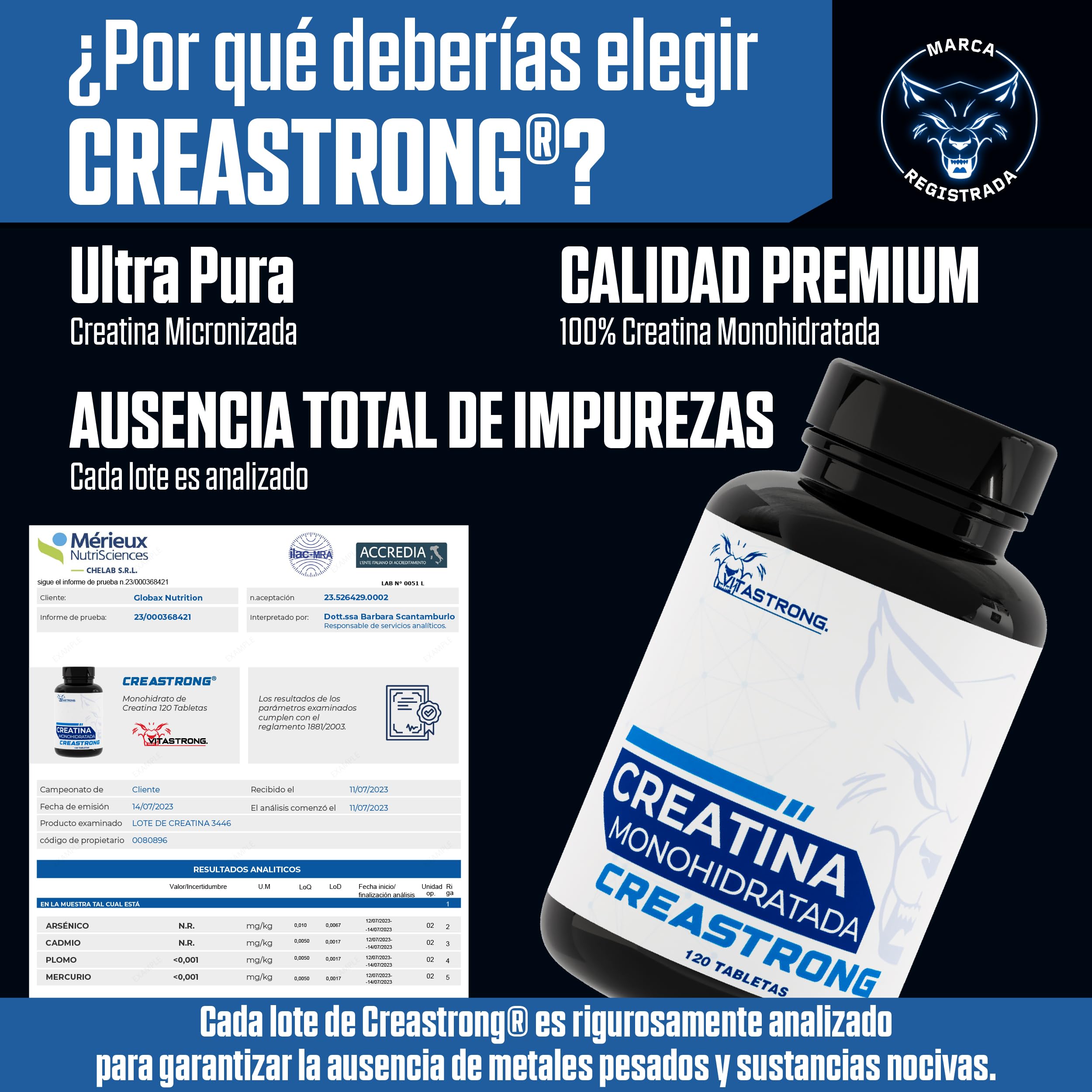 Creatina Monohidratada 3000mg CreaStrong Vegan, Creatina Monohidrato Comprimidos Vitastrong Alta Potencia, Suplementos Deportivos Pre y Post Workout, Monohidrato de Creatina para Fuerza y Resistencia