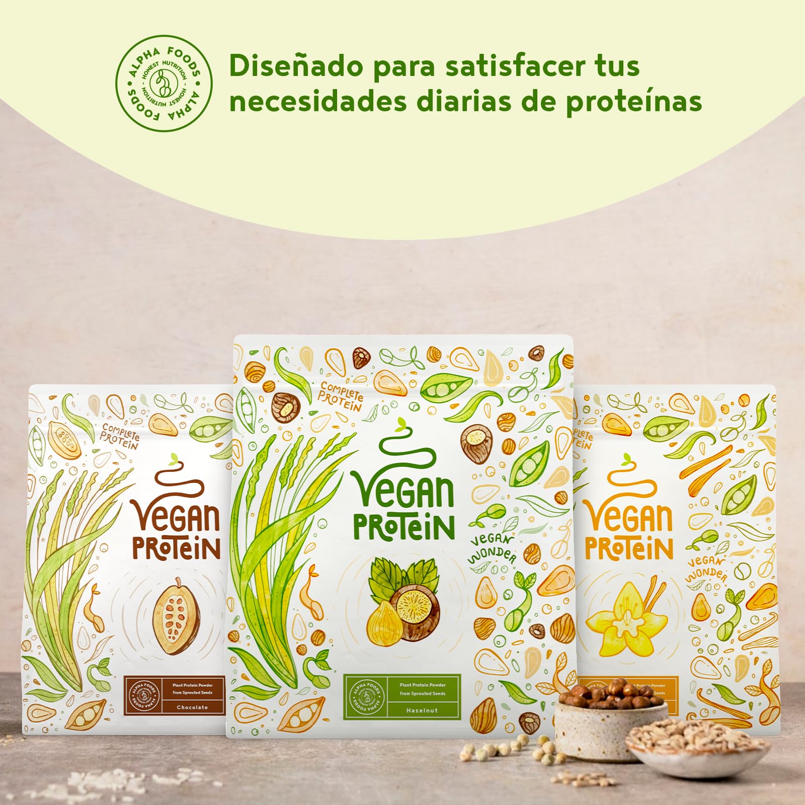 Proteína Vegana en Polvo | Sabor Avellana | 100% Proteina Vegana | 19g dosis Vegan Protein Powder de Guisante, Arroz y Girasol | Proteína Aislada para Masa Muscular | 600g | Alpha Foods