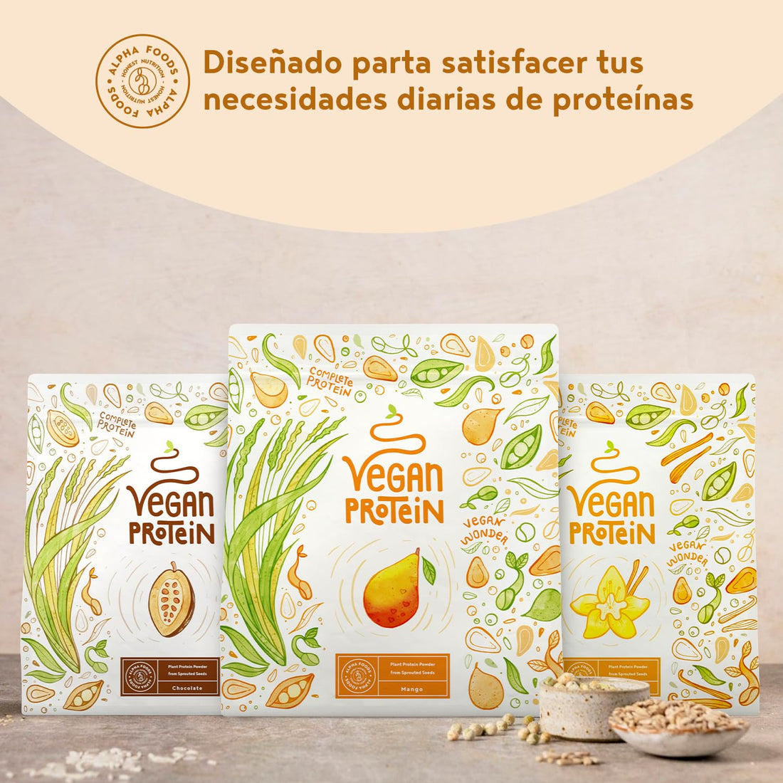 Proteína Vegana en Polvo | Sabor Mango | 100% Proteina Vegana | 21g dosis Vegan Protein Powder de Guisante y Arroz | Proteína Aislada para Masa Muscular | 600g | Alpha Foods