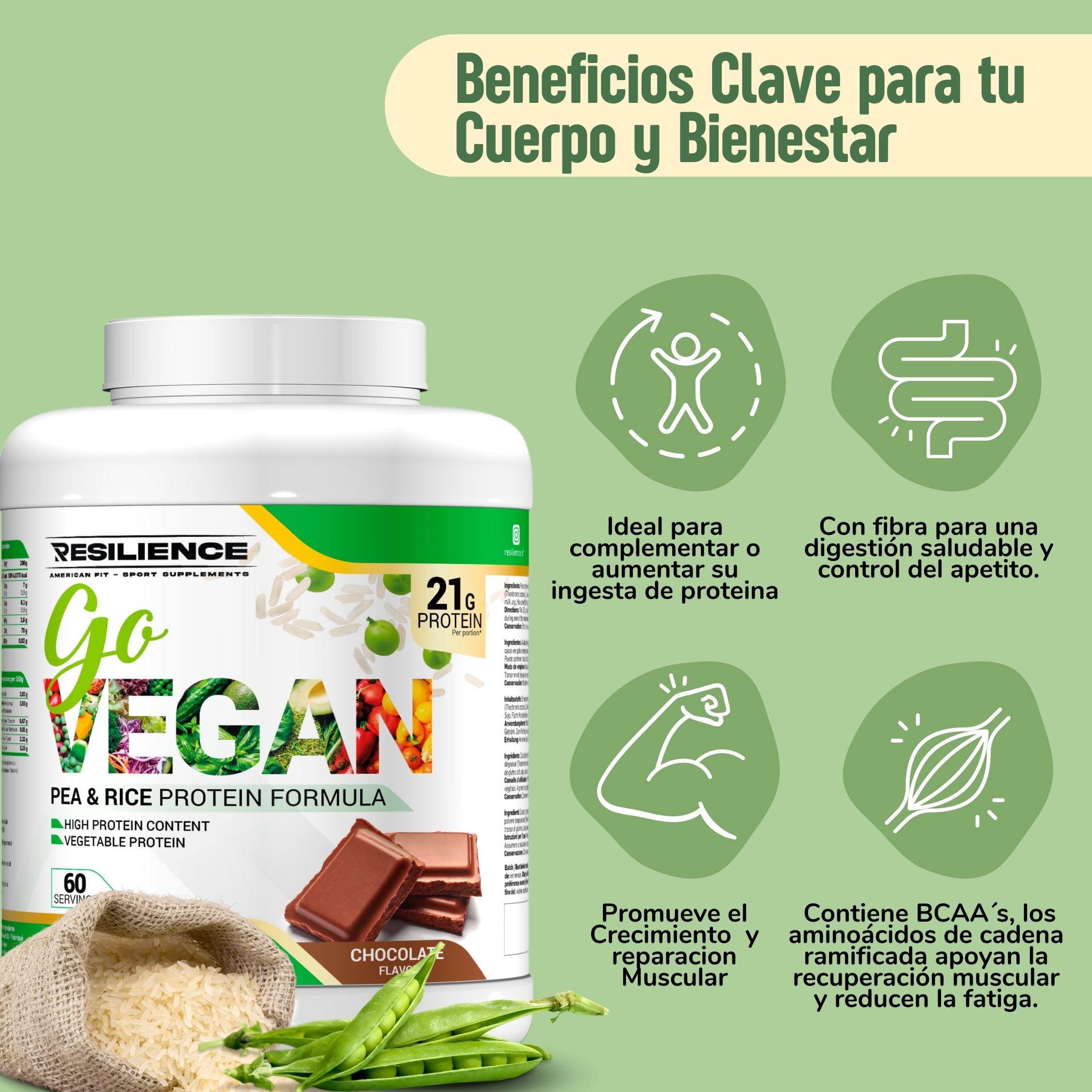 Go Vegan|1.8KG|Proteina Vegetal|Proteina Vegana En Polvo|Proteína Vegana|Proteina De Guisante|Proteina Arroz|Proteinas Veganas|Vegan Protein Powder|Sabor Chocolate|Proteinas Naturales|Pea Protein