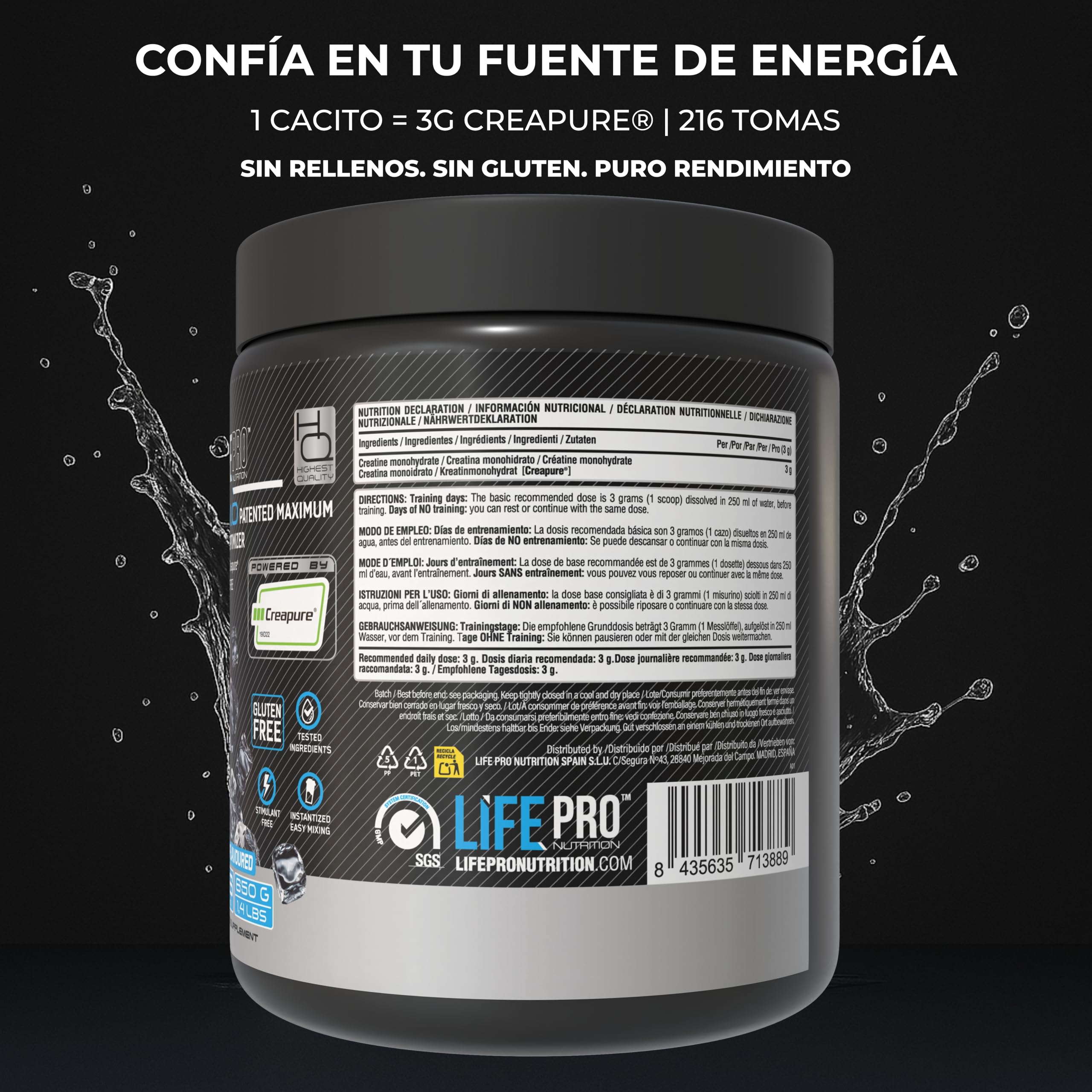 Creatina Monohidratada Creapure Life Pro 650g – Creatina Micronizada Pura, Hasta 216 Tomas – Sin Gluten, Para Fuerza, Energía y Recuperación Muscular – Calidad Alemana Garantizada