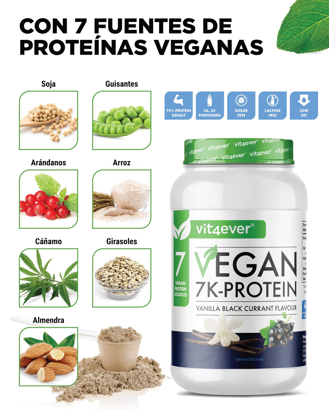 Vegan 7K Protein - 1kg - Vainilla Grosella Negra - Proteína Vegetal Pura en Polvo con Proteínas de Arroz, Almendra, Soja, Guisante, Cáñamo, Arándano y Girasol.