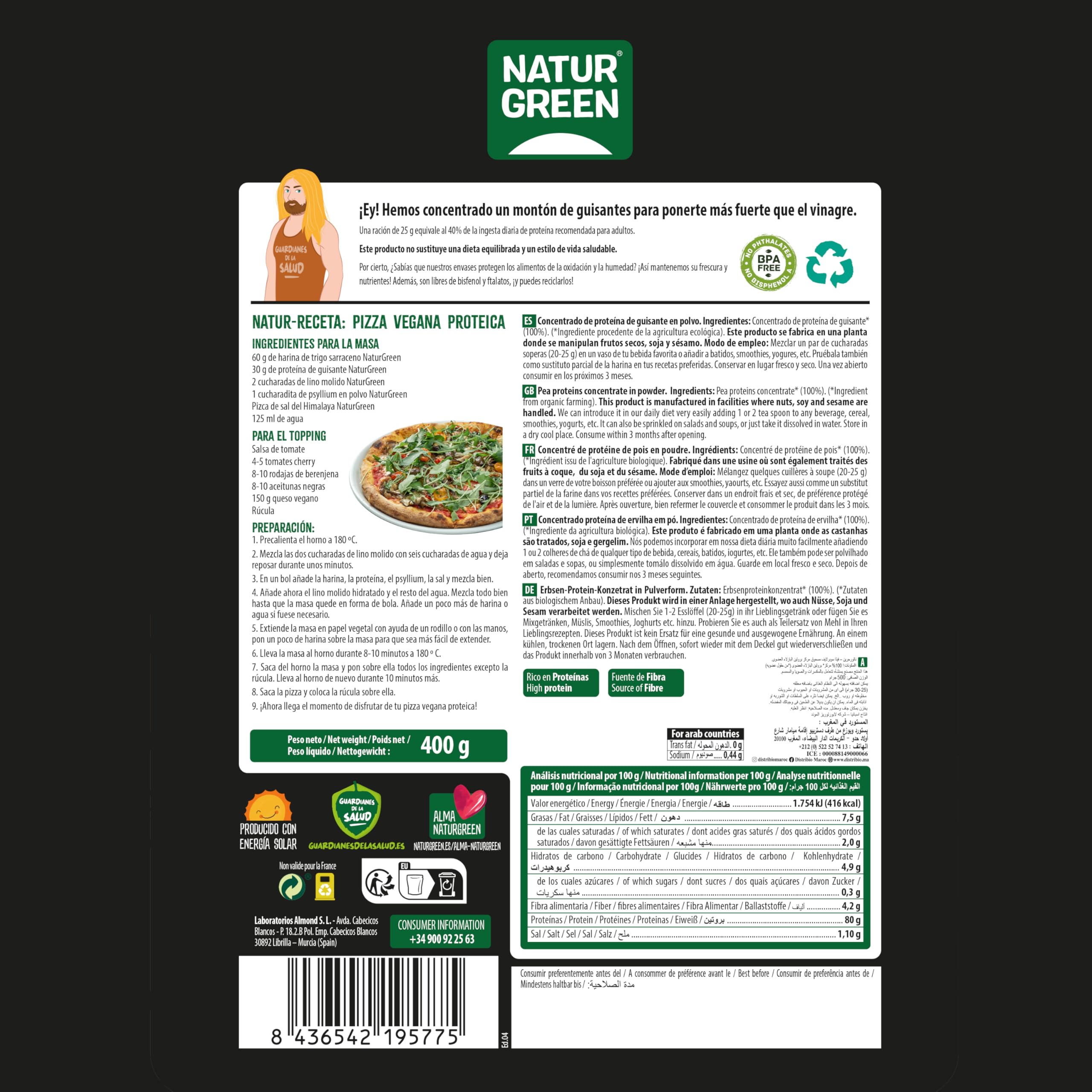 NaturGreen - Proteína de Guisante BIO, Concentrado de Proteína Ecológica, Superalimento, Polvo de Proteínas y Aminoácidos, 100% Vegano - 500 g