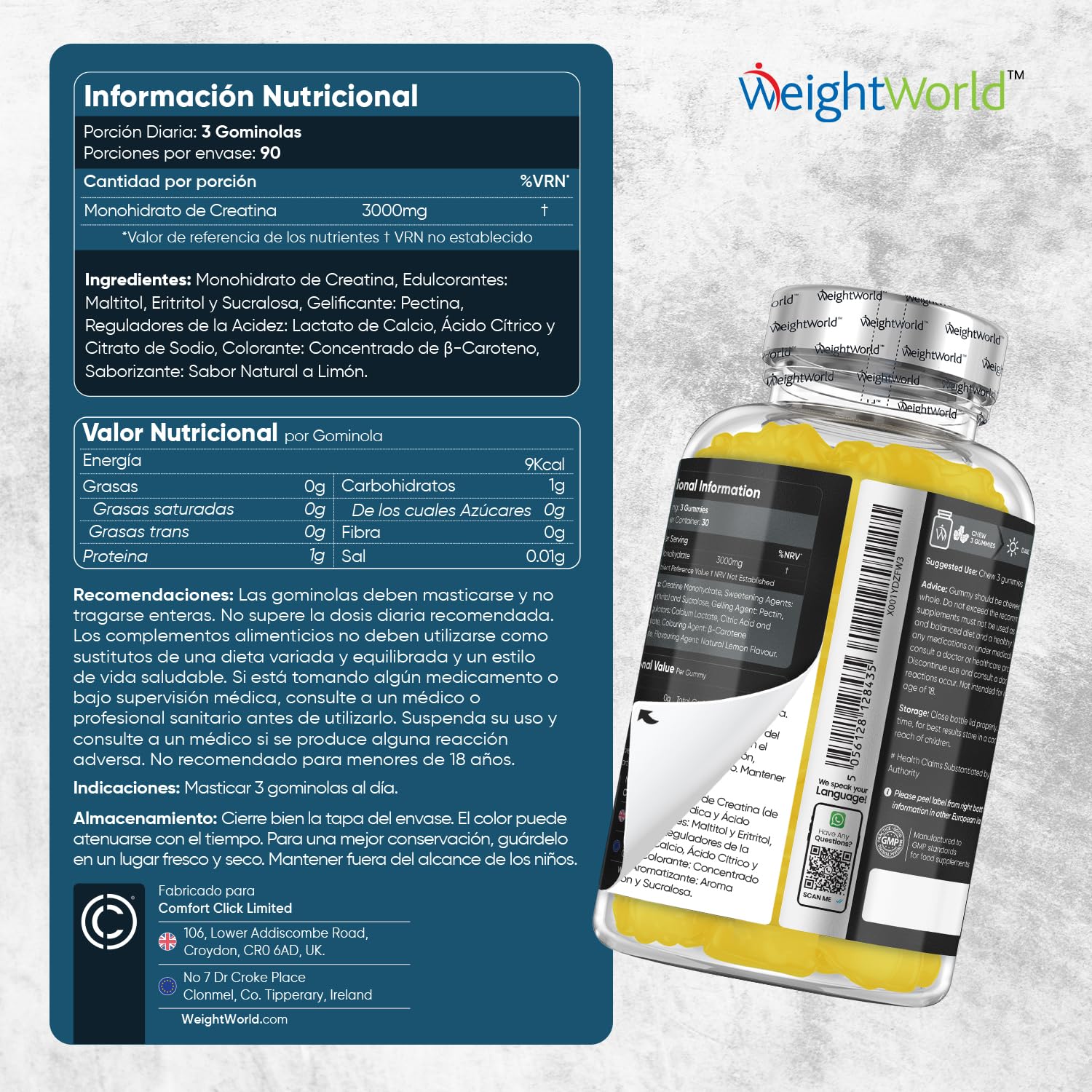 Gominolas de Creatina Monohidratada 3000mg - Gomitas Pre Entreno Sabor Limón de Creatina Monohidrato Sin Gluten ni Azúcar para Aumentar el Rendimiento y Resistencia Durante el Entreno y el Deporte