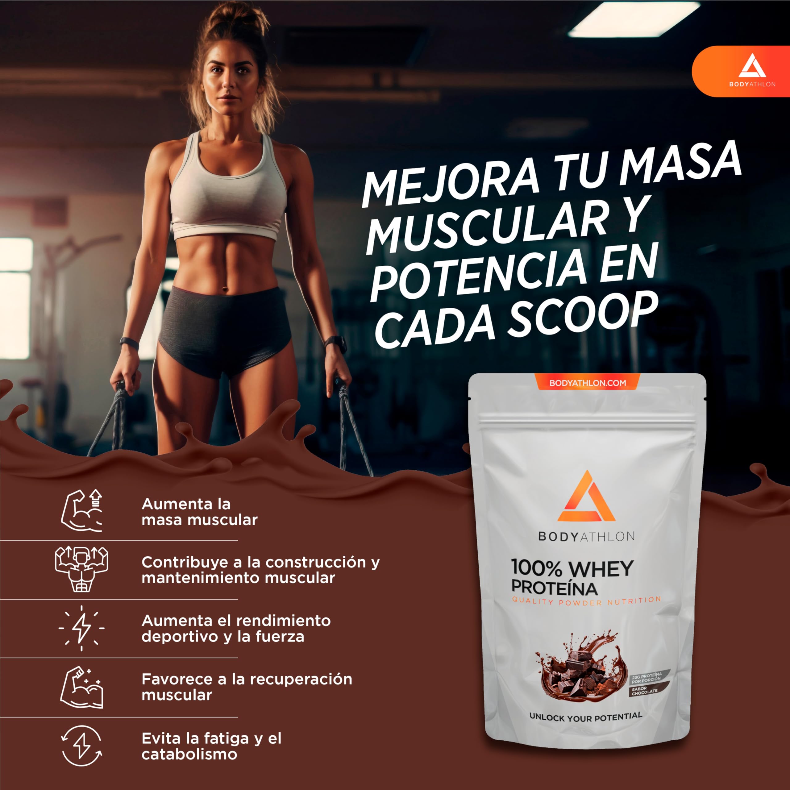100% Whey Protein Chocolate – Proteina en Polv para Ganar Masa Muscular– de Suero de Leche- Protein Masa Muscular - Sin lecitina de soja, Sin Gluten- Bodyathlon (500g, Chocolate)