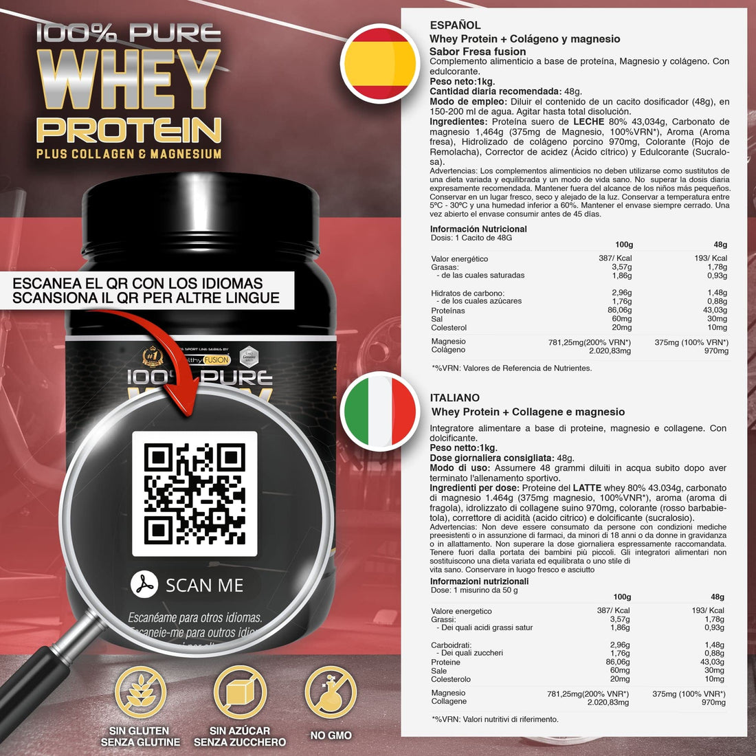 Healthy Fusion Whey Protein | Proteína pura con Colágeno + Magnesio | Tonifica y aumenta la masa muscular | Mejora tus entrenamientos | 1000g (Fresa)