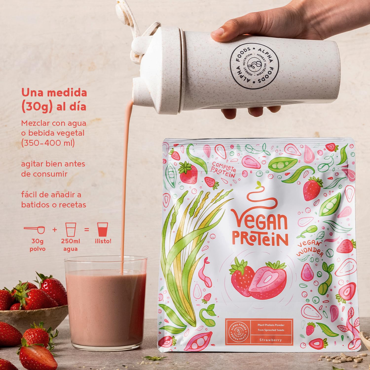 Proteína Vegana en Polvo | Sabor Fresa | 100% Proteina Vegana | 18g dosis Vegan Protein Powder de Guisante, Arroz y Girasol | Proteína Aislada para Masa Muscular | 600g | Alpha Foods
