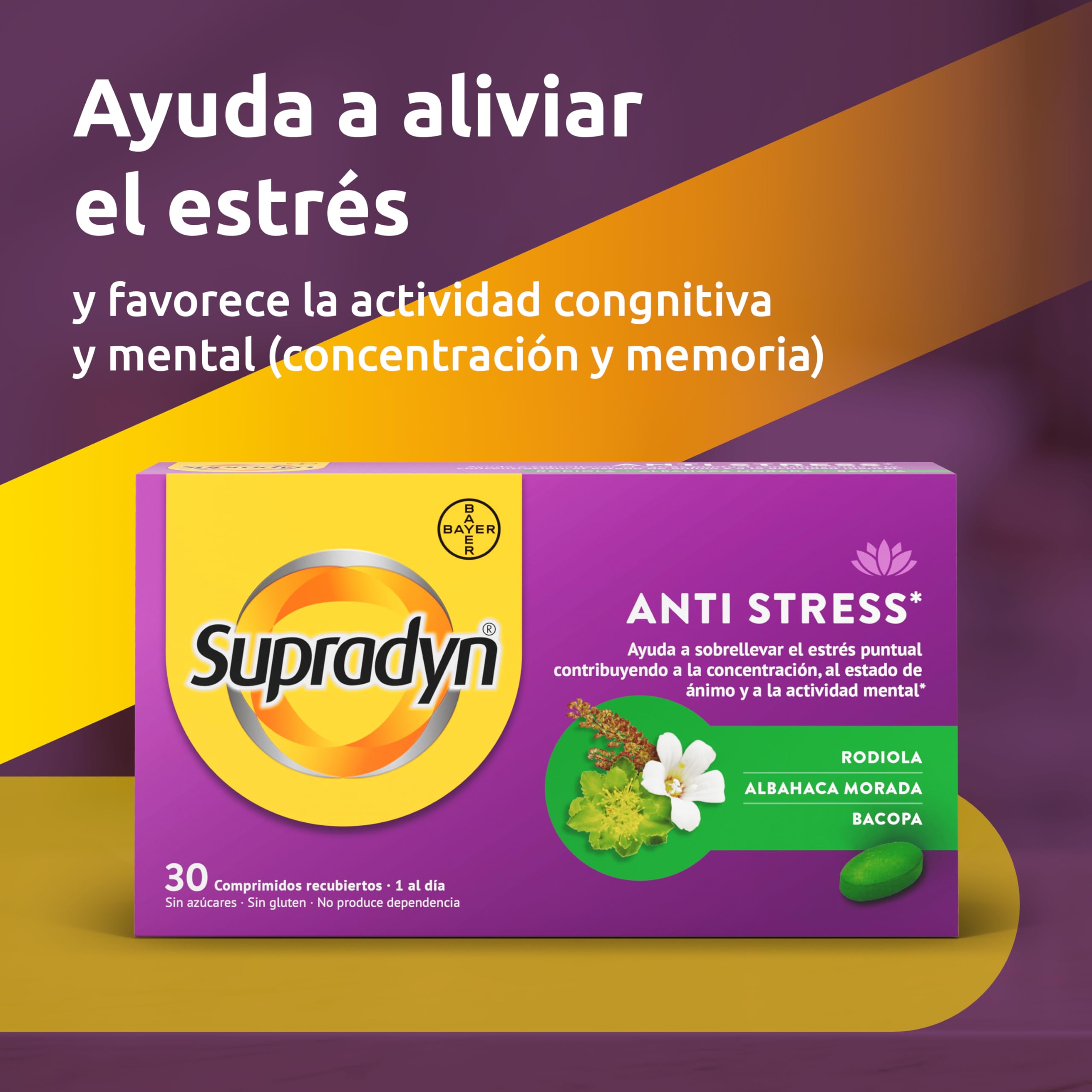 Supradyn Anti Stress con Rhodiola, Albahaca Morada, Bacopa - Soporte de origen Natural contra el Estrés, ayuda a la Concentración, 30 Comprimidos