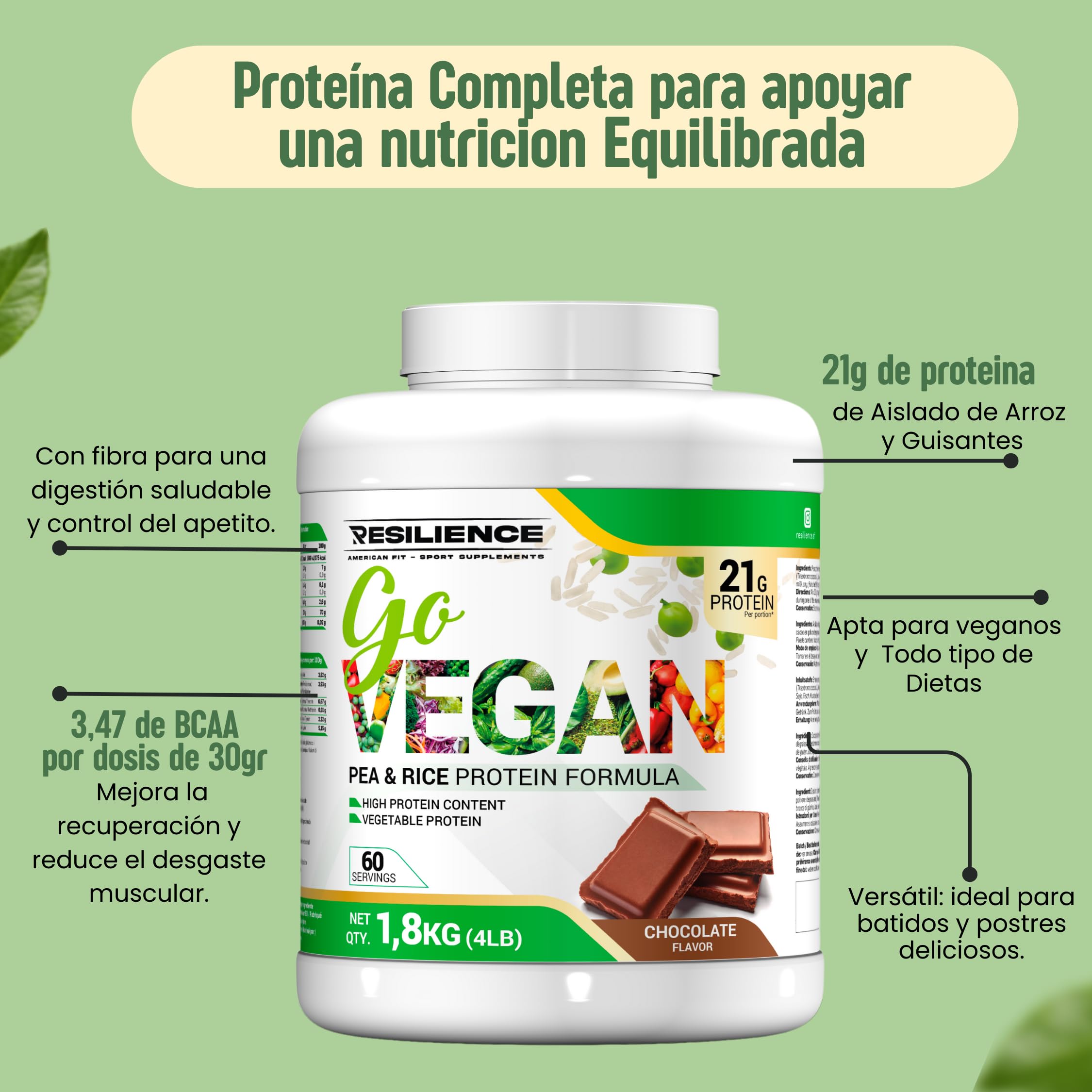 Go Vegan|1.8KG|Proteina Vegetal|Proteina Vegana En Polvo|Proteína Vegana|Proteina De Guisante|Proteina Arroz|Proteinas Veganas|Vegan Protein Powder|Sabor Chocolate|Proteinas Naturales|Pea Protein