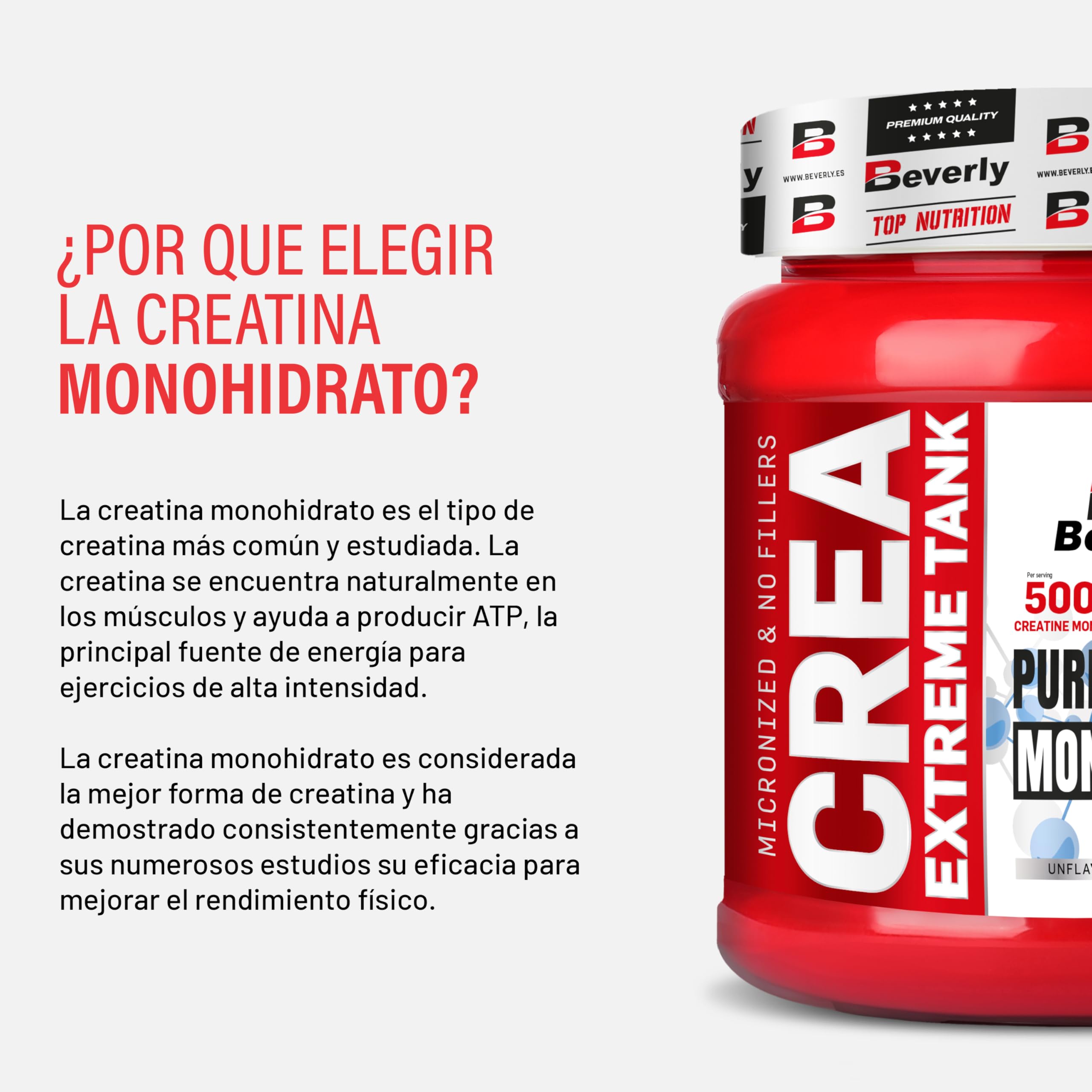 Beverly CREA EXTREME 100% Creatina Monohidrato | 300 gr - 60 tomas | Mezclador gratis | Sin sabor | Masa Muscular, Resistencia, Fuerza | Vegan | Sin gluten