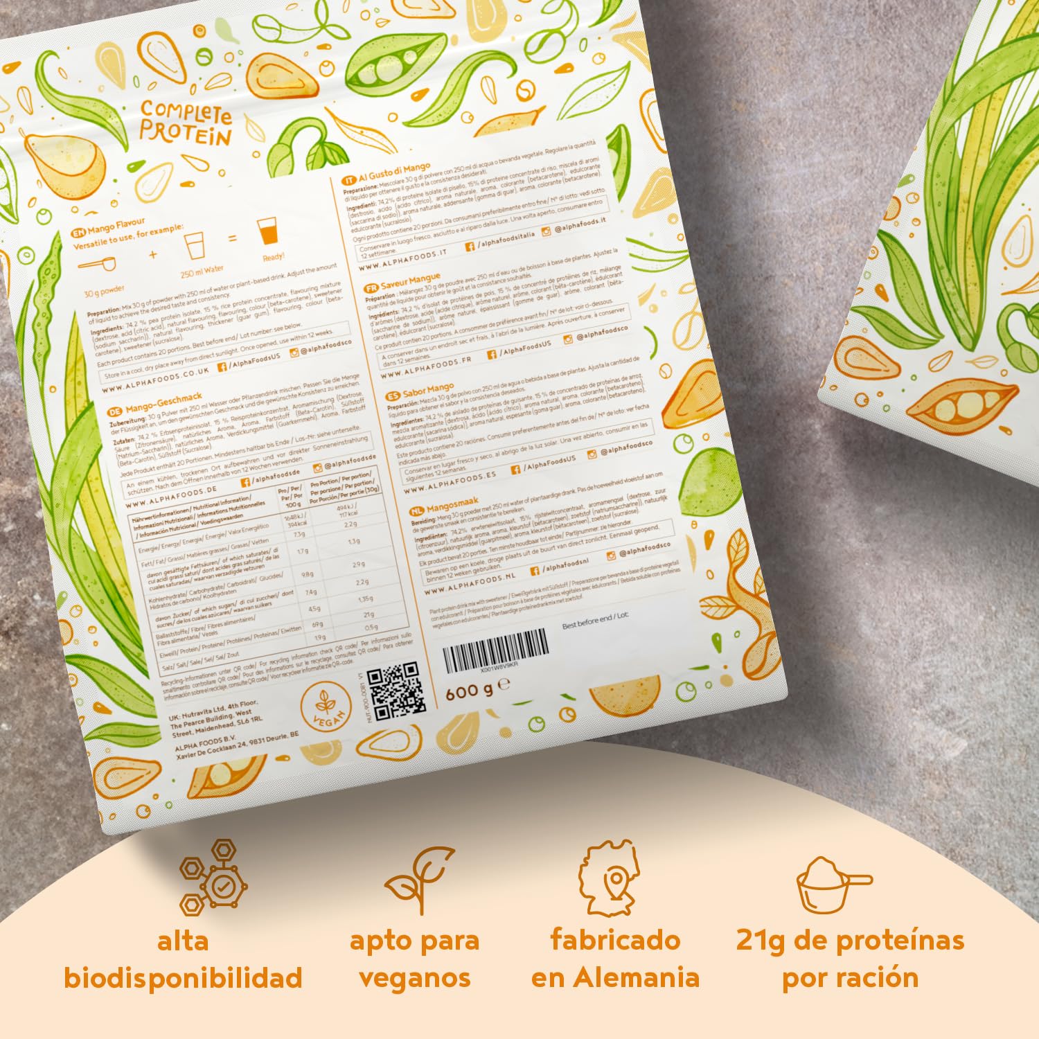 Proteína Vegana en Polvo | Sabor Mango | 100% Proteina Vegana | 21g dosis Vegan Protein Powder de Guisante y Arroz | Proteína Aislada para Masa Muscular | 600g | Alpha Foods