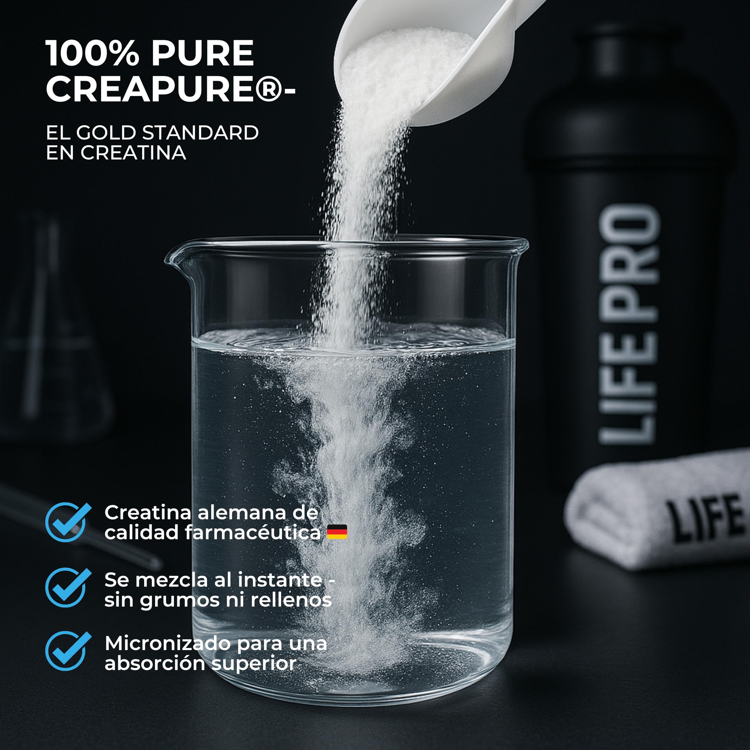 Creatina Monohidratada Creapure Life Pro 650g – Creatina Micronizada Pura, Hasta 216 Tomas – Sin Gluten, Para Fuerza, Energía y Recuperación Muscular – Calidad Alemana Garantizada