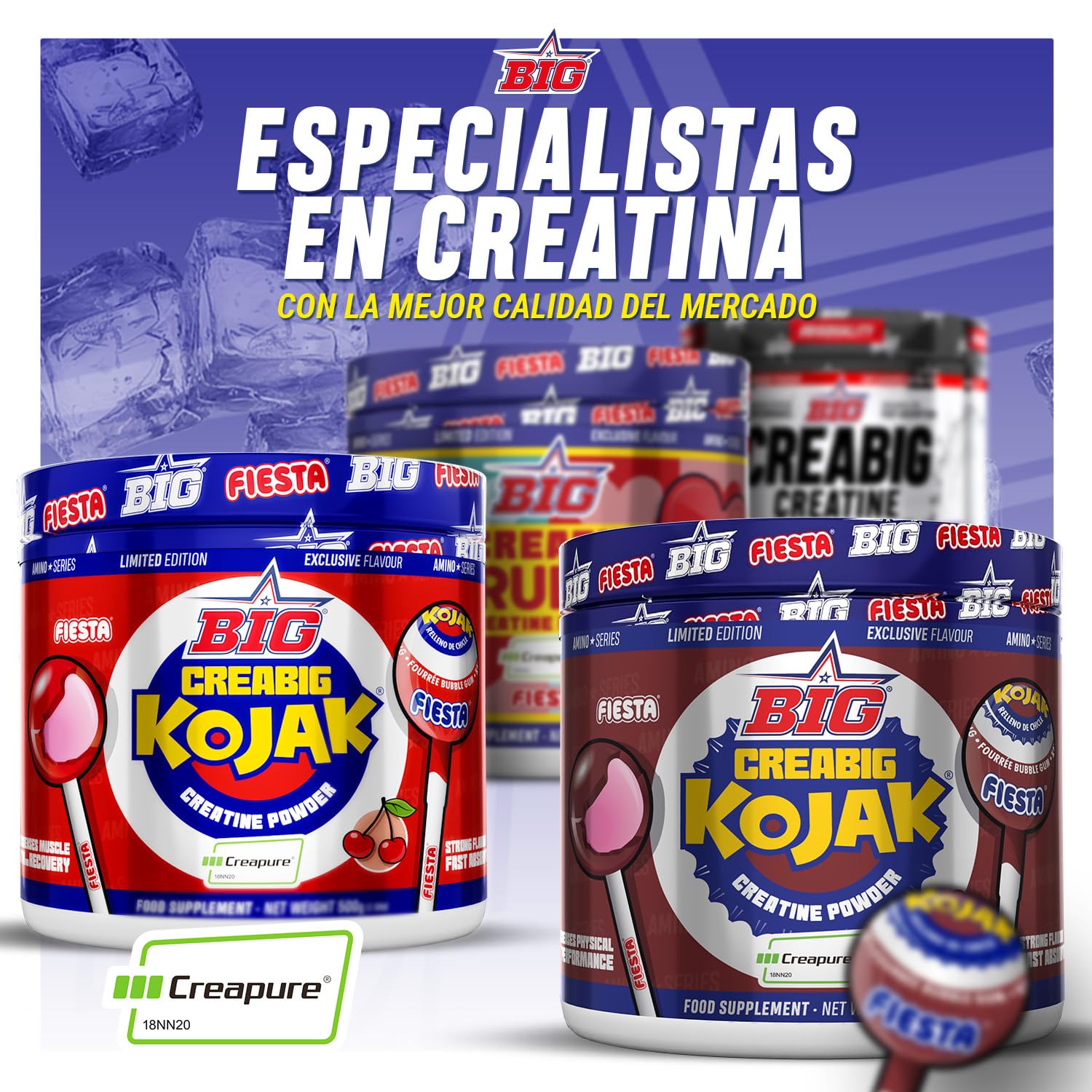 BIG - Creatina Monohidratada Creapure® en Polvo, Mejora el Rendimiento Físico, Sabores exclusivos, Rápida absorción, Vegana (200g, Kojak)