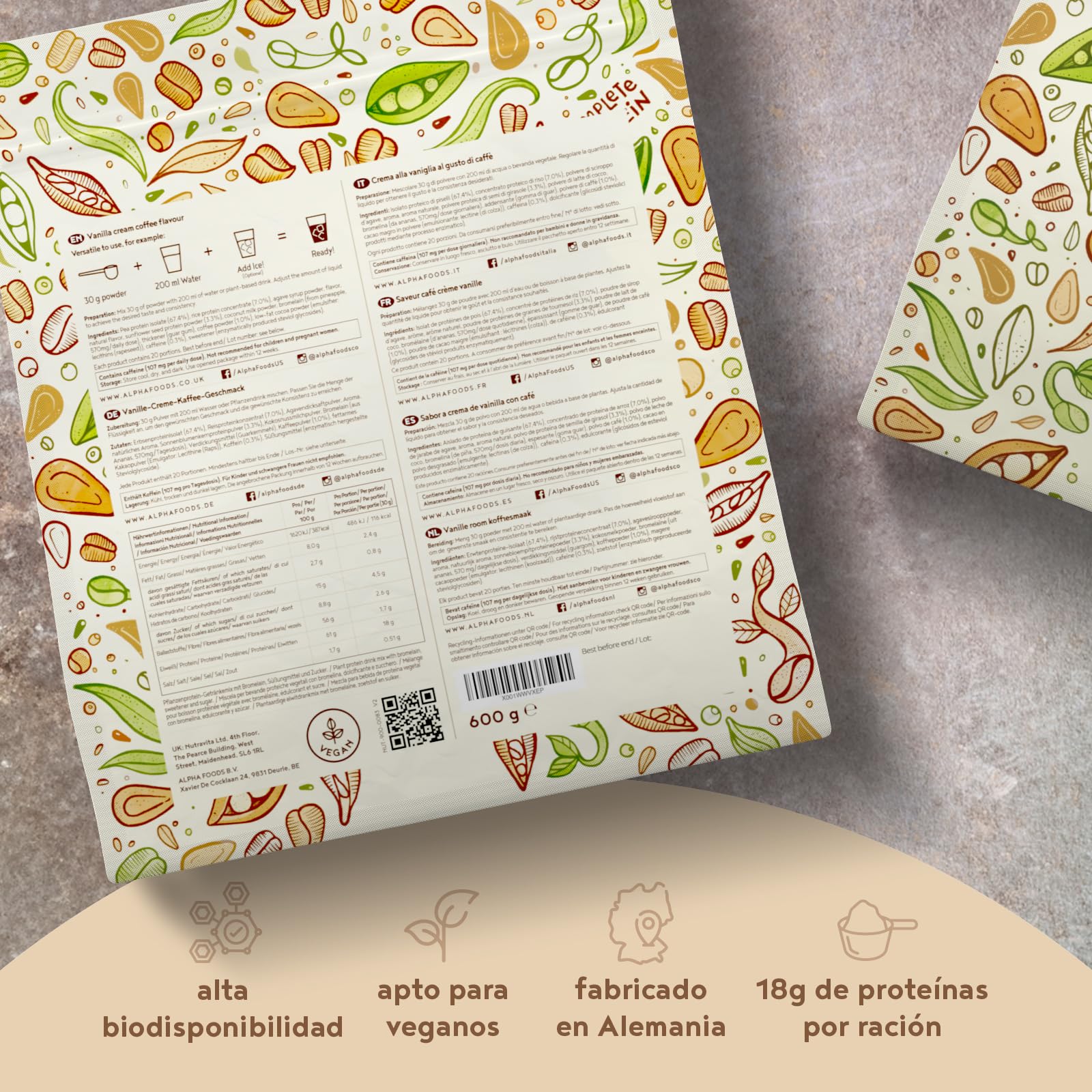 LIMITED EDITION Proteína Vegana en Polvo | Sabor Crema de Vainilla con Café | 100% Proteina Vegana | 18g dosis Vegan Protein Powder de Guisante, Arroz y Girasol | Masa Muscular | 600g | Alpha Foods