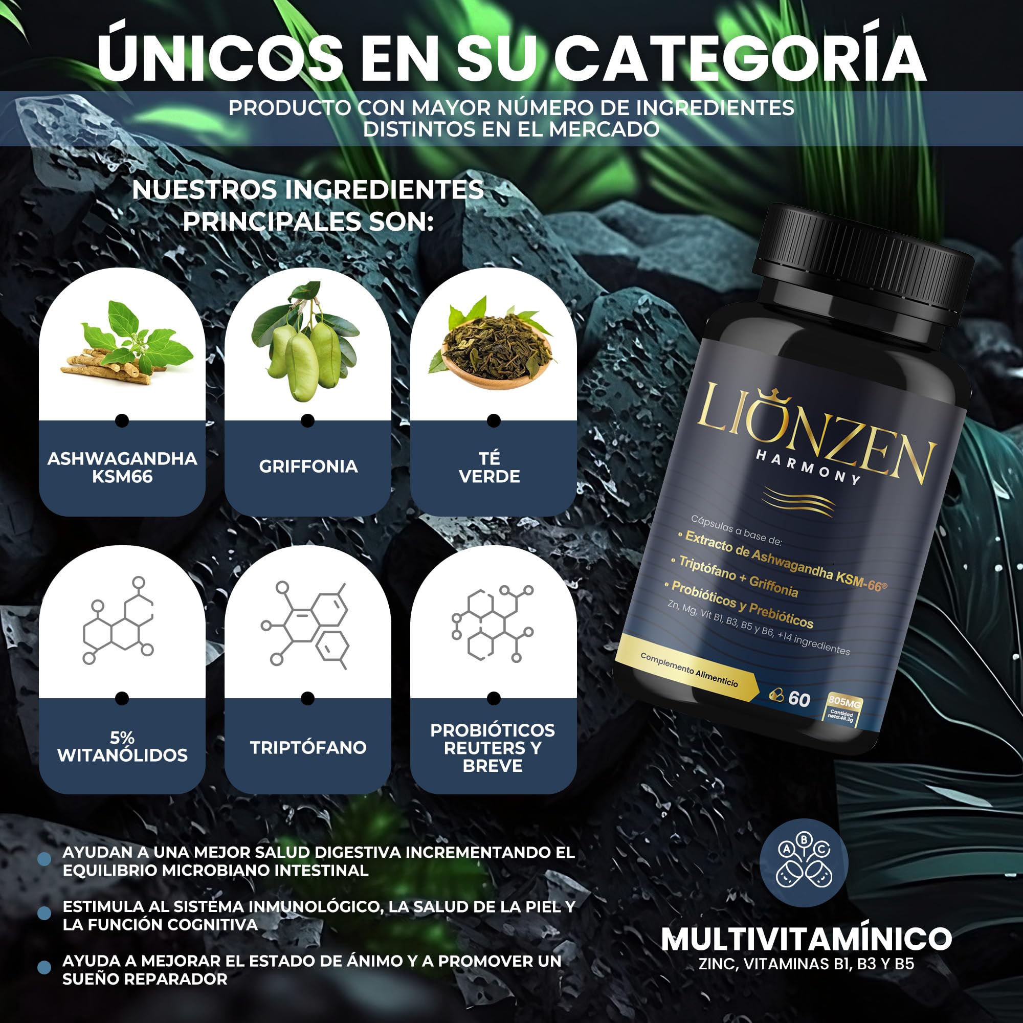 Ashwagandha KSM-66® 600mg | +14 ingredientes antiestrés, Cortisol | Bienestar, Descanso | Alta potencia | Magnesio, Griffonia, L-Triptófano, Vitaminas, Zinc, Té verde, Probióticos | LIONZEN HARMONY