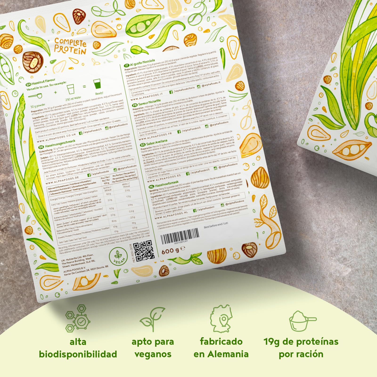 Proteína Vegana en Polvo | Sabor Avellana | 100% Proteina Vegana | 19g dosis Vegan Protein Powder de Guisante, Arroz y Girasol | Proteína Aislada para Masa Muscular | 600g | Alpha Foods