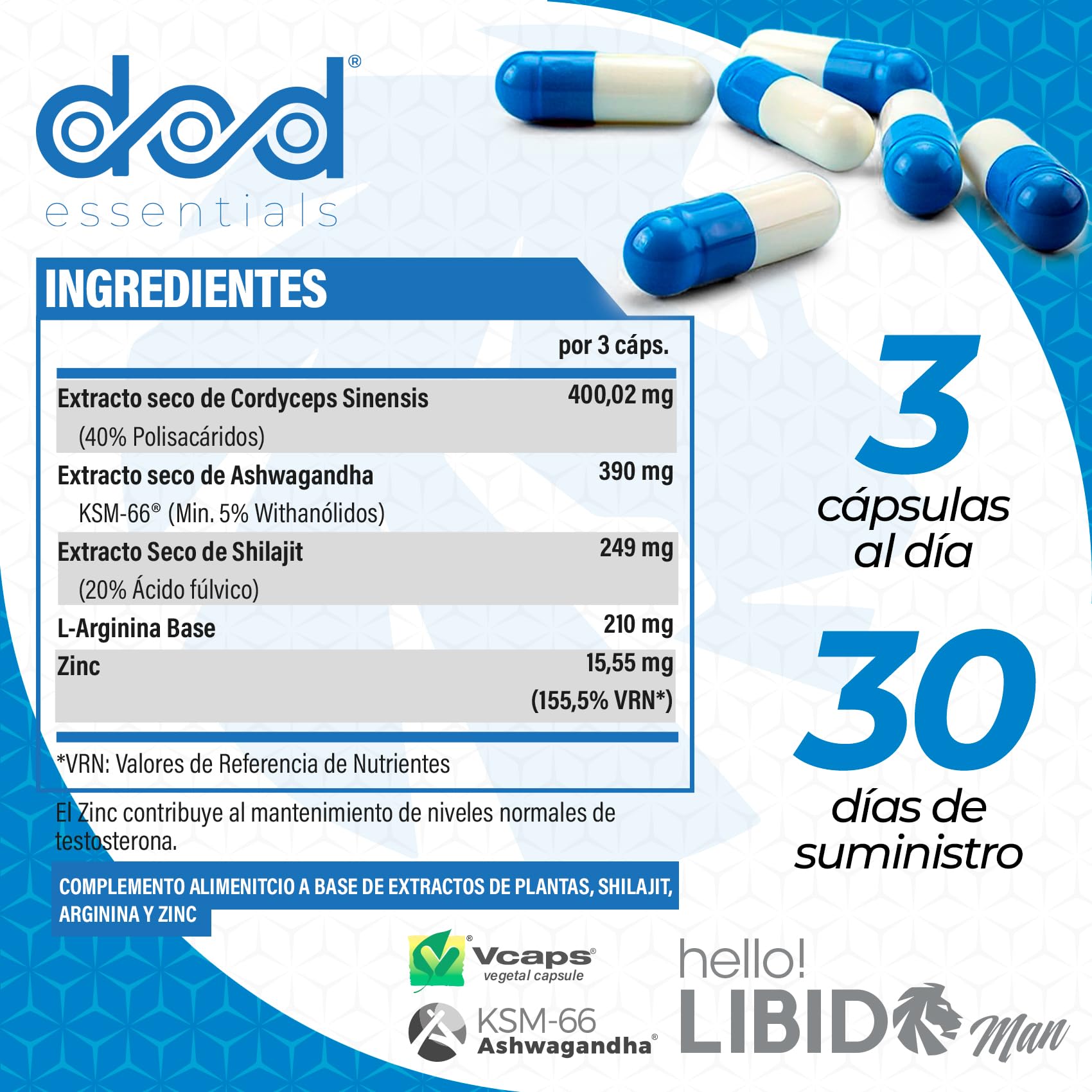 Suplemento con Ashwagandha KSM-66 para Hombres, Shilajit, Zinc, L-Arginina, y Cordyceps Sinensis – Vitalidad, Energía y Bienestar Masculino - Dod Essentials