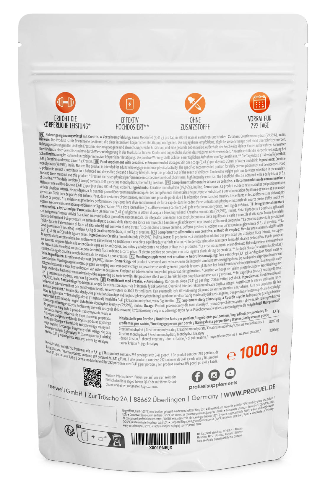 Creatina monohidratada en polvo 1kg / 1000g - calidad micronizada - óptimamente dosificada - creatina pura sin aditivos - 100% vegana - para 292 dias