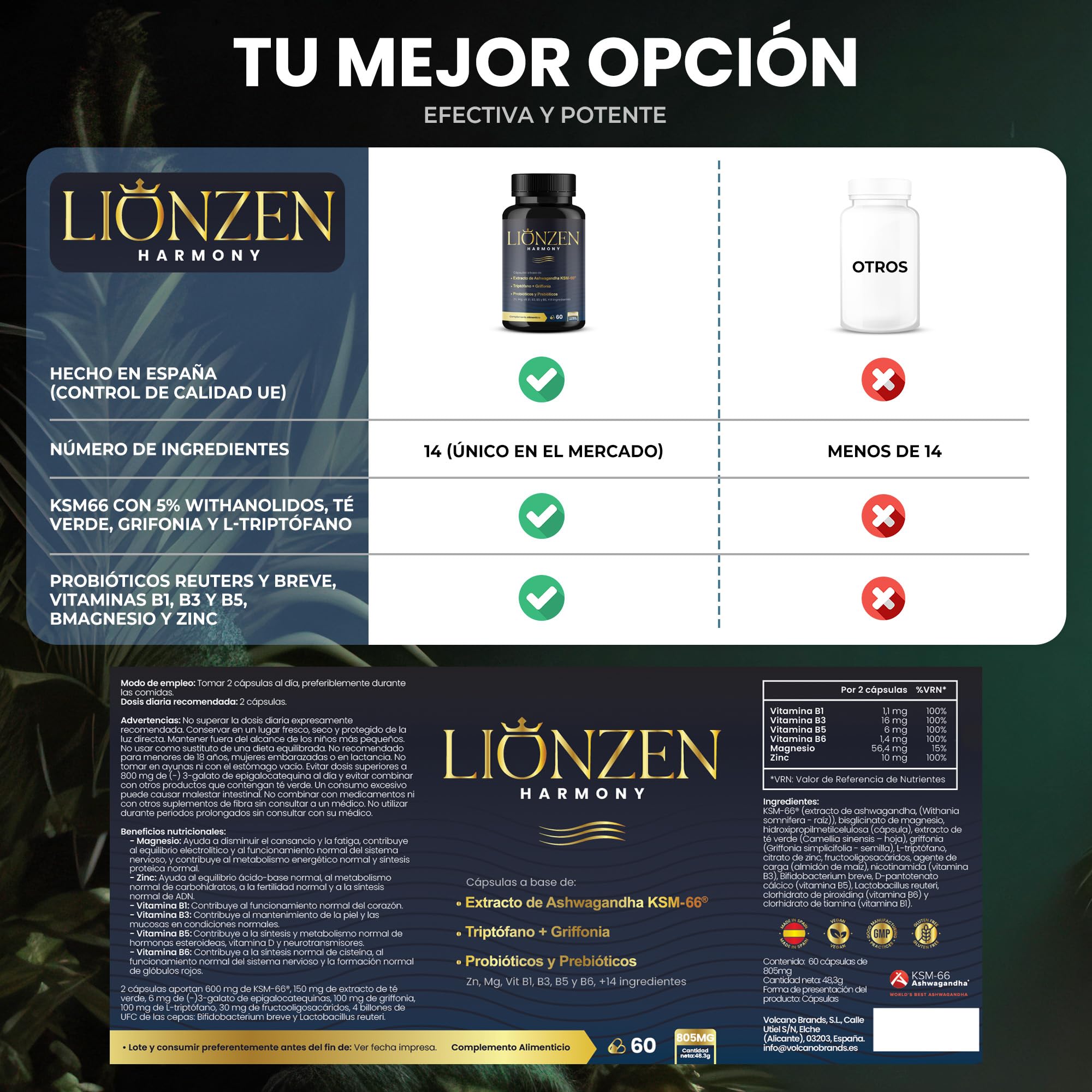 Ashwagandha KSM-66® 600mg | +14 ingredientes antiestrés, Cortisol | Bienestar, Descanso | Alta potencia | Magnesio, Griffonia, L-Triptófano, Vitaminas, Zinc, Té verde, Probióticos | LIONZEN HARMONY