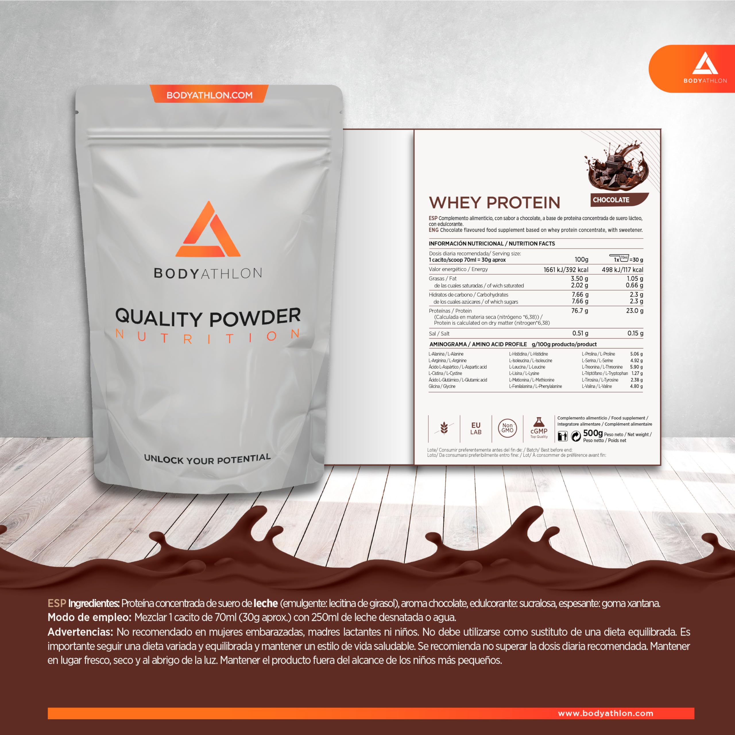 100% Whey Protein Chocolate – Proteina en Polv para Ganar Masa Muscular– de Suero de Leche- Protein Masa Muscular - Sin lecitina de soja, Sin Gluten- Bodyathlon (500g, Chocolate)
