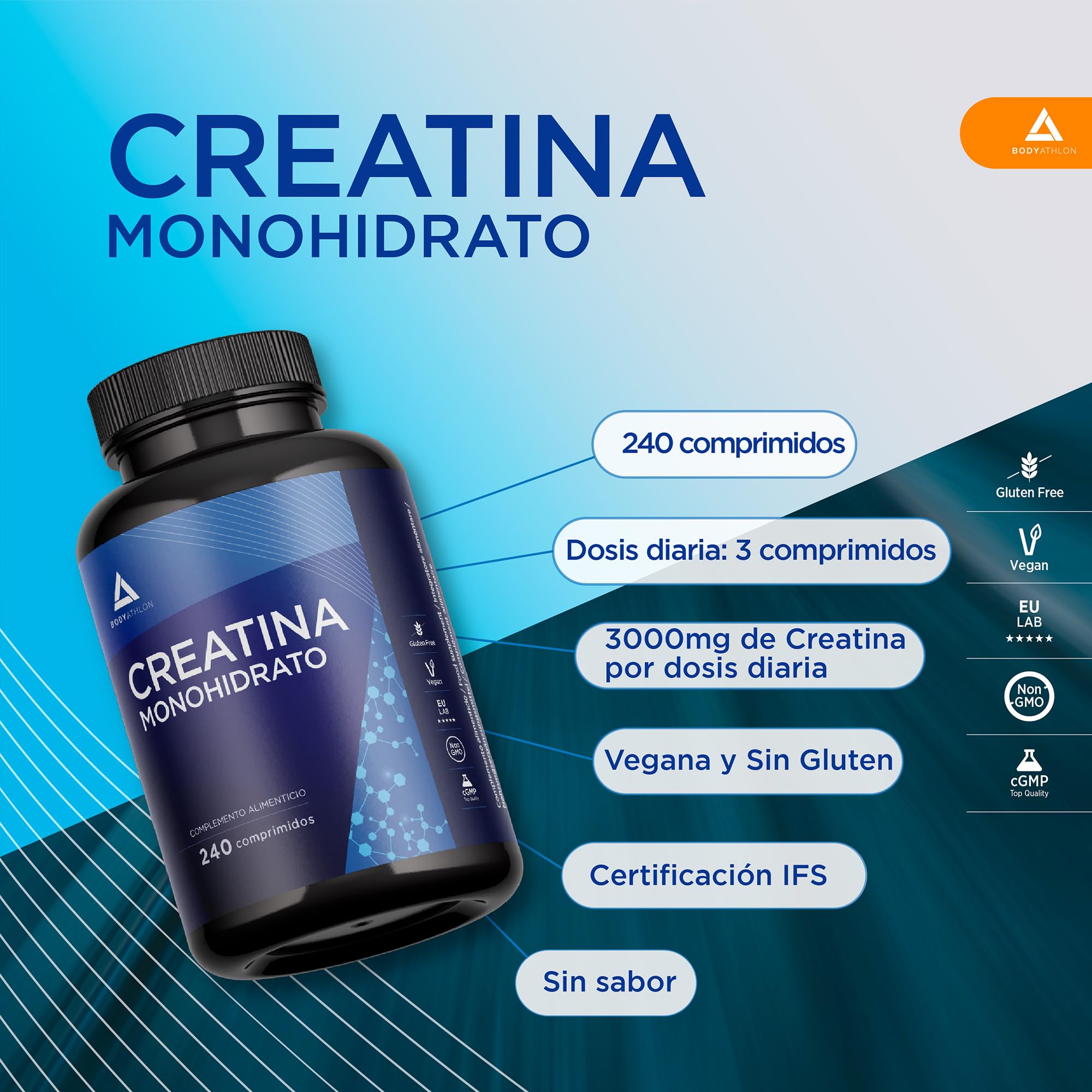 Bodyathlon- Creatina Monohidratada 240 comprimidos- Creatina pura 3000mg-Monohidrato de creatina-Aumenta tu masa muscular, fuerza y resistencia- creatina monohidratada sin gluten sabor neutro- Vegano