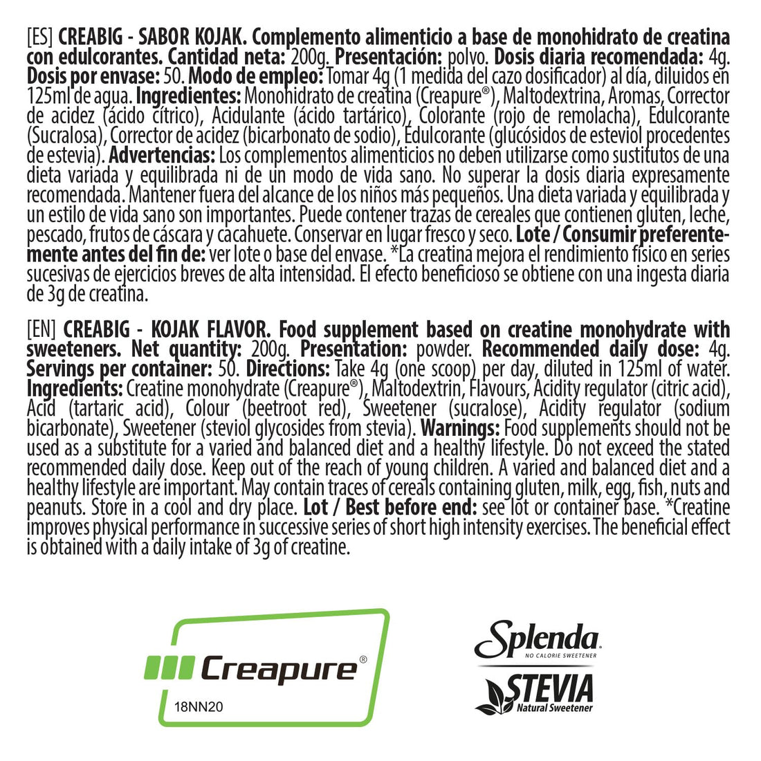 BIG - Creatina Monohidratada Creapure® en Polvo, Mejora el Rendimiento Físico, Sabores exclusivos, Rápida absorción, Vegana (200g, Kojak)