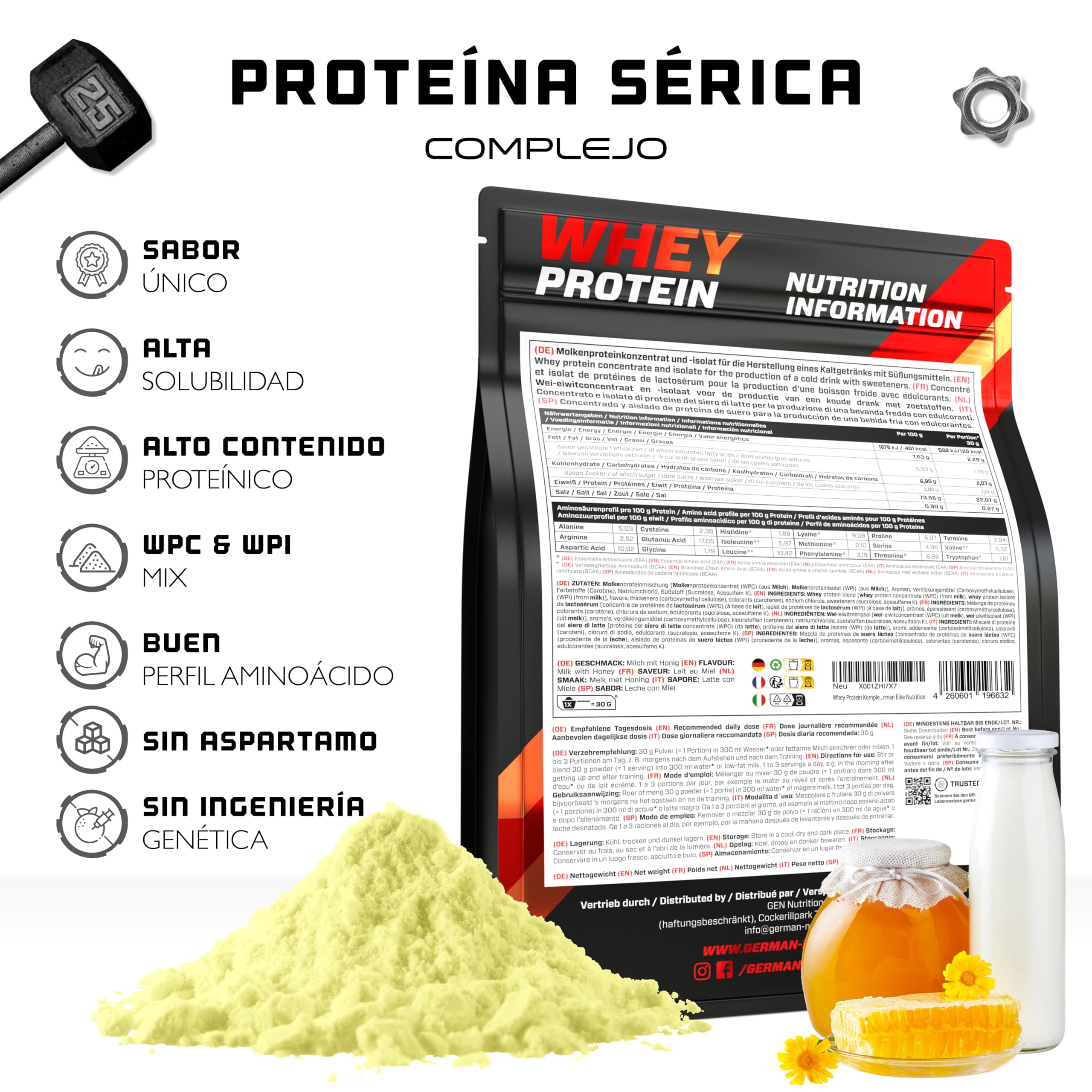 Whey Protein Complex - 1000 g (Leche con miel) - Con contenido de aislado - Polvo de proteína soluble instantánea con BCAA y EAA - German Elite Nutrition