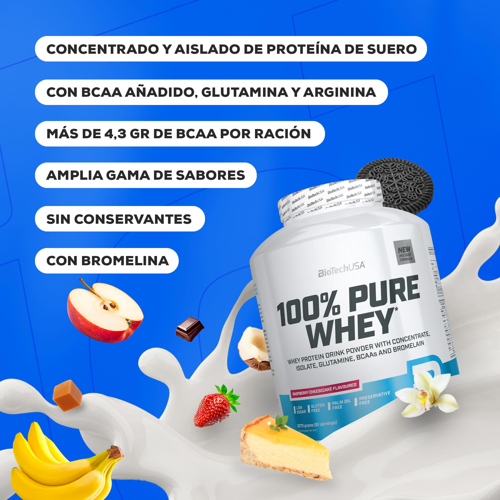 BioTechUSA 100% Pure Whey | Proteína en Polvo con BCAA y Glutamina | Sin Gluten, Sin Aceite de Palma, 454 g, Cookies & Cream